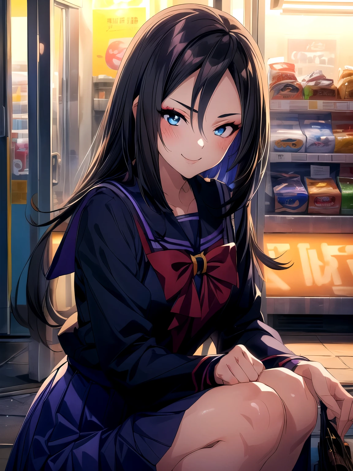 (Surrounded by 100 tentacles: 0) (High-achieving but delinquent boy, girl, blue eyes, very long hair, smiling, blushing, heart emote: 1.5) (Sukeban outfit, dark purple sailor uniform, long sleeves, long skirt, yankee sitting, shit sitting, squatting, in front of a convenience store at night: 1.5) (2D, 2DCG, anime shadows, smooth textures, upper body: 1.5) (UHD, Retina, Masterpiece, Accurate, Anatomically Correct, Textured Skin, Ultra Detailed, High Detail, High Quality, Award Winning, Top Quality, High Resolution, 16k)