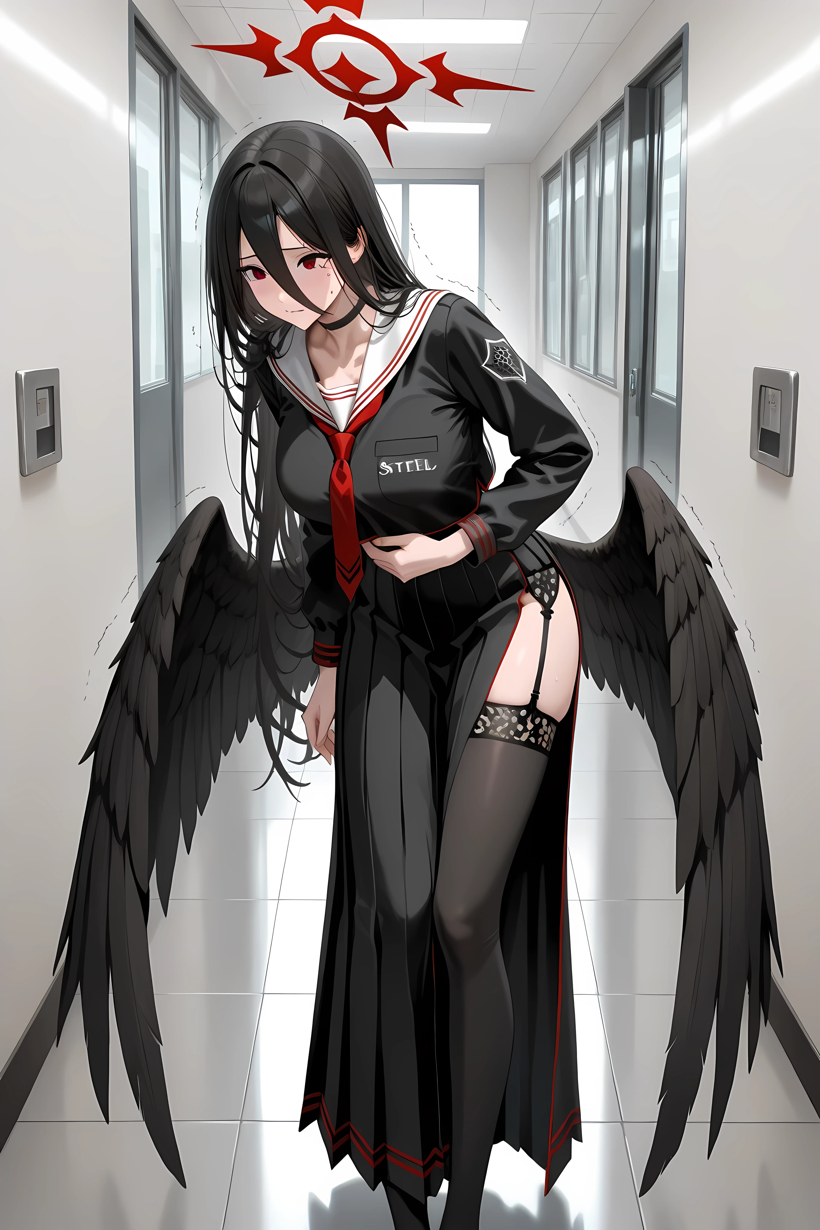 hasumi, black hair, hair between eyes, long hair, mole, mole on breast, mole under eye, red eyes, wings, black wings, low wings, feathered wings,,black choker, black serafuku, black skirt, long skirt, black thighhighs, garter straps, long sleeves, pleated skirt, school uniform, serafuku, side slit, skirt, thighhighs, white collar, whie sailor collar,,general, masterpiece, highres, ultra-detailed, hyper-detailed, best quality,  amazing quality, very aesthetic, best hands, best eyes, best hand
adult woman, 1woman, hand on own stomach, sweat,  leaning forward, nervous, scared, trembling legs,


large hallway, steel plate walls, steel plate floor, gray steel plate, doorless, windowless,