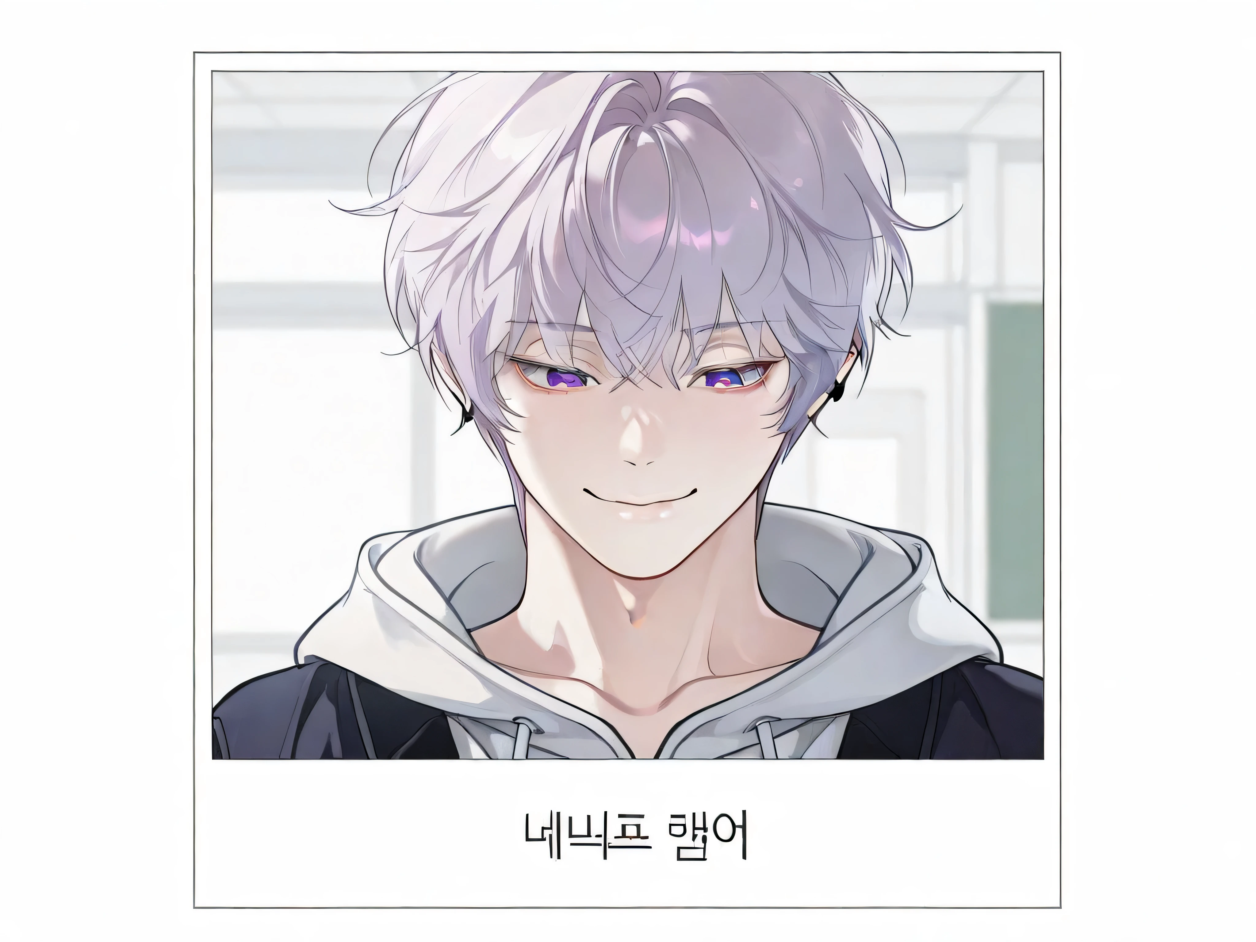 1 boy, Solo, simple white background, bust, Light blue fluffy hairstyle, male, short hair, purple eyes, Short, thin eyebrows, detail the corner of the eye, high quality, front, Elegant and cute vibe, Subtle smile with raised lips, Completion , human body proportions, Popular , Korean, game illustration, Dark Contrast, Finished picture, detailed facial details, clean face, bangs, sexy in the classroom, Fatal , Cool , hoodie, young man, college students, piercing, ID photo, fps, Valorant