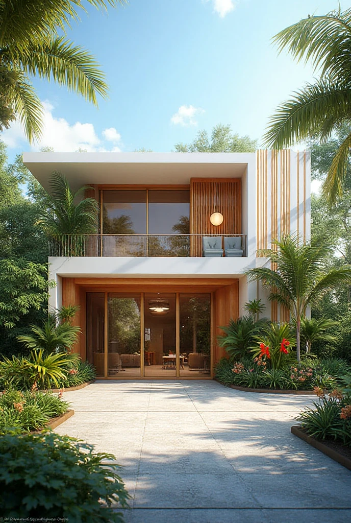 Exterior, morden house, day light, A modern street-facing house seamlessly integrates natural elements into its design. The architecture embodies an urban oasis concept, featuring a balcony adorned with lush greenery and a front yard that blends nature with the urban environment. Soft ambient lighting casts a warm and welcoming glow. Channeling the spirit of renowned architect Frank Lloyd Wright, this design showcases his signature organic architecture style. The medium for this artwork is an architectural blueprint rendered in high-definition 3D graphics, emphasizing every detail of the design. The color scheme primarily consists of earthy tones and various shades of green, enhancing the connection to nature