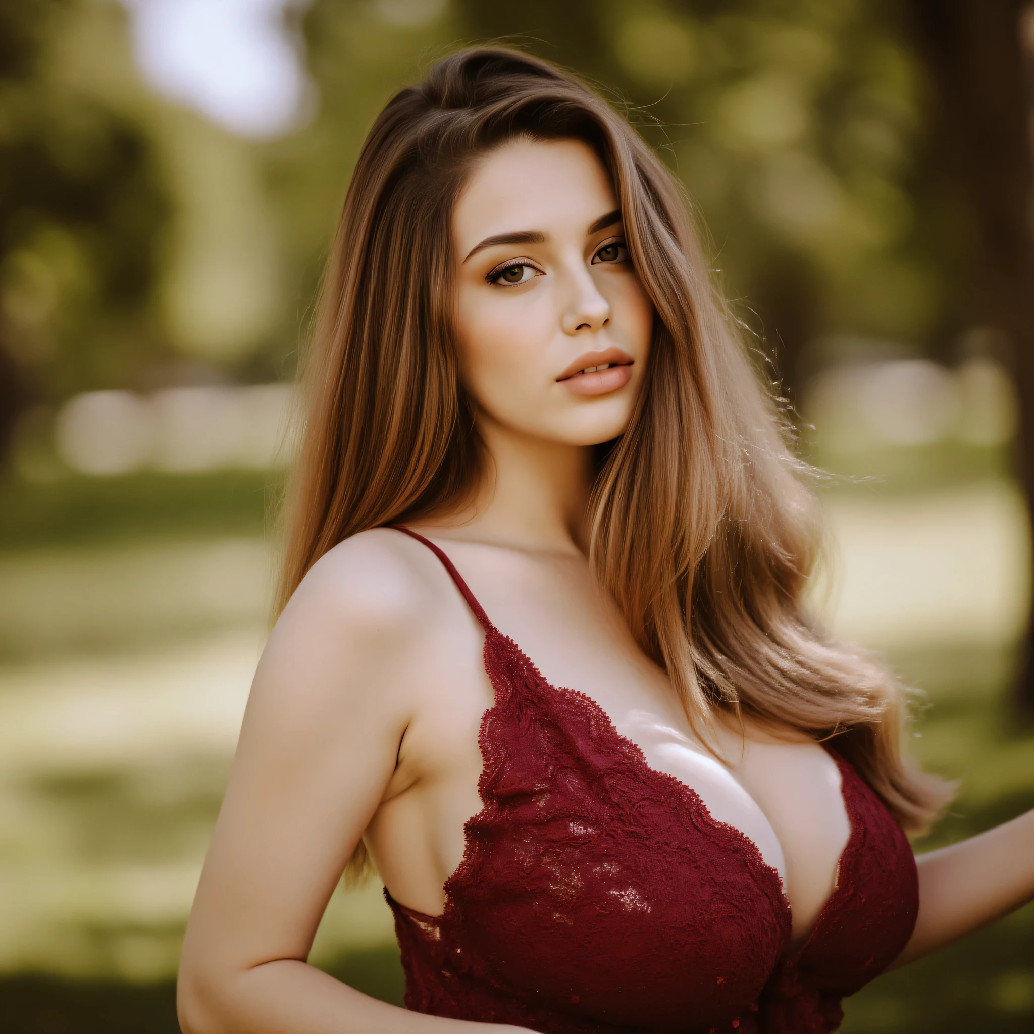 hyper realistic portrait of a woman outdoors, close-up, soft natural daylight, cinematic depth of field, subtle background blur with greenery, delicate play of sunlight on skin and hair, wearing elegant burgundy lace details, confident and sensual pose, lifelike textures, glossy highlights in the eyes and hair, realistic skin tones and shadows, ultra-detailed photography style, 8k, depth of field, masterpiece, editorial style