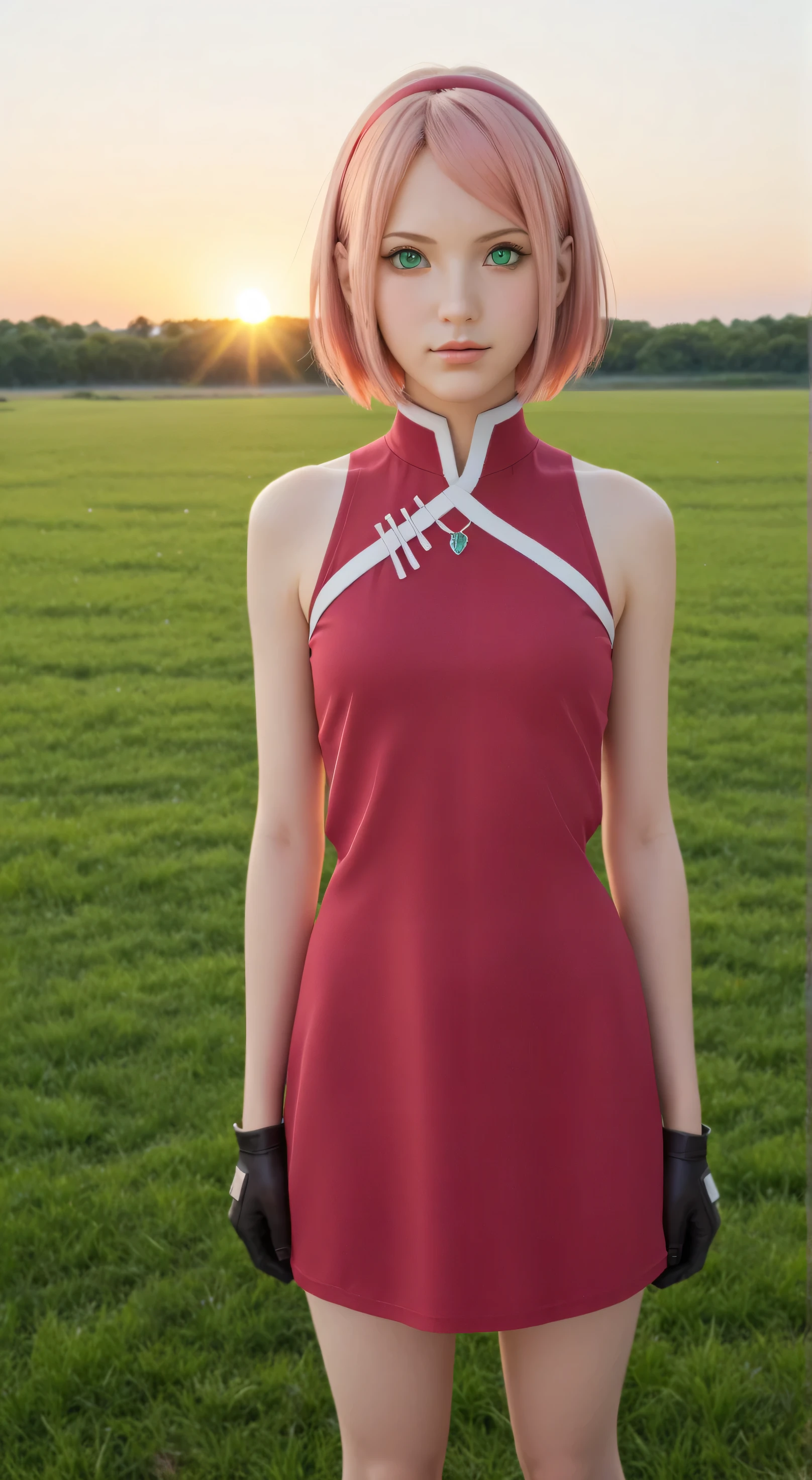 1girl, solo,haruno sakura,emerald eyes,pink hair,short hair,outdoors,potrait,small breast,nature, standing on grass field,sidelocks,(sunset lighting:1.5),red sunset,looking at viewer, front view,close up,black glove,(grass field background:1.5),(beach outfit:1.5)
