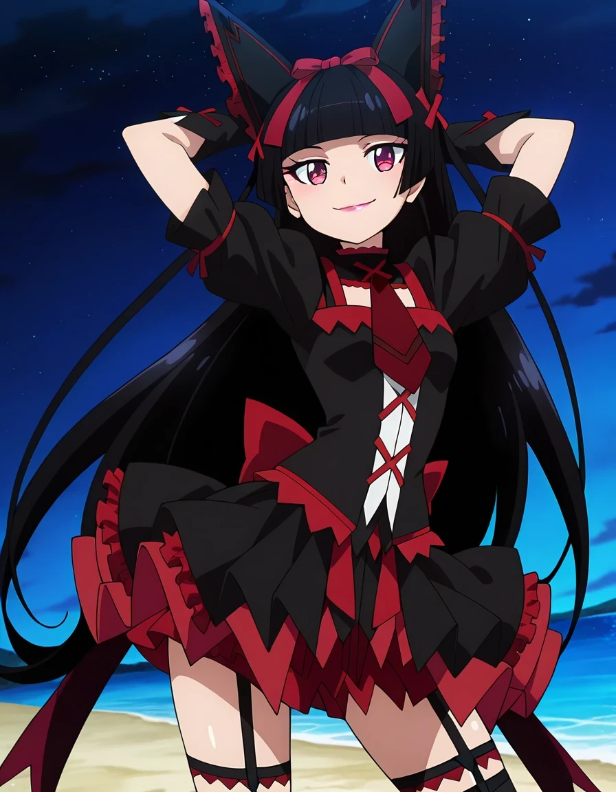 Rory Mercury, anime screencap, masterpiece, best quality,
1girl, solo, closed mouth, smile,
hime cut, long hair, blunt bangs, black hair, multicolored eyes, lips,
hair bow,
multicolored dress, frilled dress, cross-laced dress, red necktie, puffy short sleeves, ribbon trim, black arm warmers,
layered skirt, frilled skirt, garter straps, thigh strap, black thighhighs,
shiny skin, high quality, solo, cowboy shot, ((contrapposto)), hands behind head, closed mouth, night sky, beach, looking at viewer, smile, best quality,
