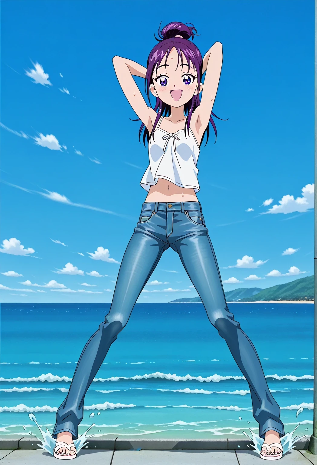 score_9, score_8_up, score_7_up, source_anime, highres, hi res, ((best quality, top quality, perfect quality, Highest Quality, amazing quality)), {{masterpiece}}, {{an extremely delicate and beautiful}}, 2d, intricate details, official style, anime, 8k, anime style, official_anime, official art, digital painting, cell shading, soft shading, high resolution, soothing tones, Subdued Color, Soft cinematic light, adobe lightroom, photolab, HDR, intricately and hyper-detailed, ((high quality animation)), 1 girl, Alone, solo, ((ocean)), tsunami, on the water, day, sunny, outdoors, sky, windy, Mai, purple_eyes, purple hair, long_hair, hair bun, anime screencap, small breasts, white camisole top, crop top, white crop top, best quality, hyper-detailed jeans, ((blue jeans:1.9)), (dark blue jeans:0.6), full medium body, medium shot, Open mouth, smiling, happy face, blush, sweat, standing, ((arms behind head:6.0)), bowlegged, jumping pose, action, looking at viewer, spread legs, Bend knees slightly, straight-on front view