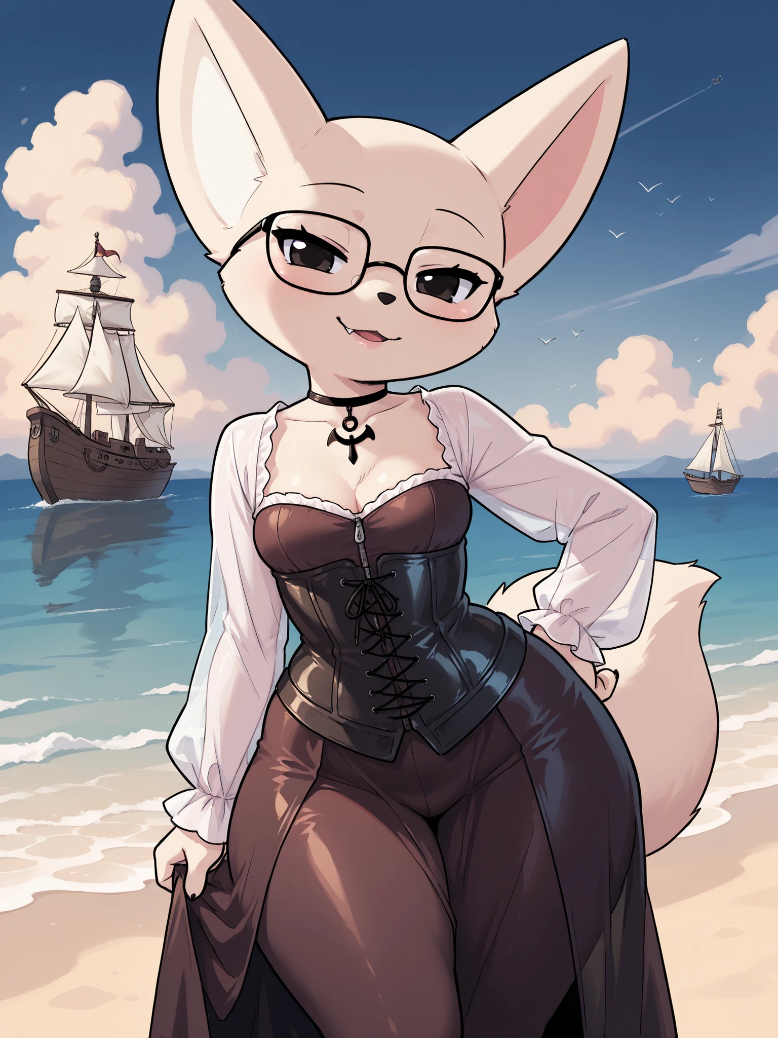 (masterpiece, the best quality), incredible quality, muy estético, absurd, high resolution, NEW , HDR-10, 8K, cinematic, professional photo, chica, librarian, (((Fenneko:1.2))), Pechos grandes, (Small but curvy), glasses, fat nose, wide hips, pirate dress with leather corset:1, standing, black necklace, (((seductive expression))), (((neckline))), on the beach, Pirate ship in the distance, detailed background, subsurface dispersion, translucent, brilliant, SSS, of the highest quality, atmospheric haze , IllustrationsP0s , (super quality:1.2), very excited