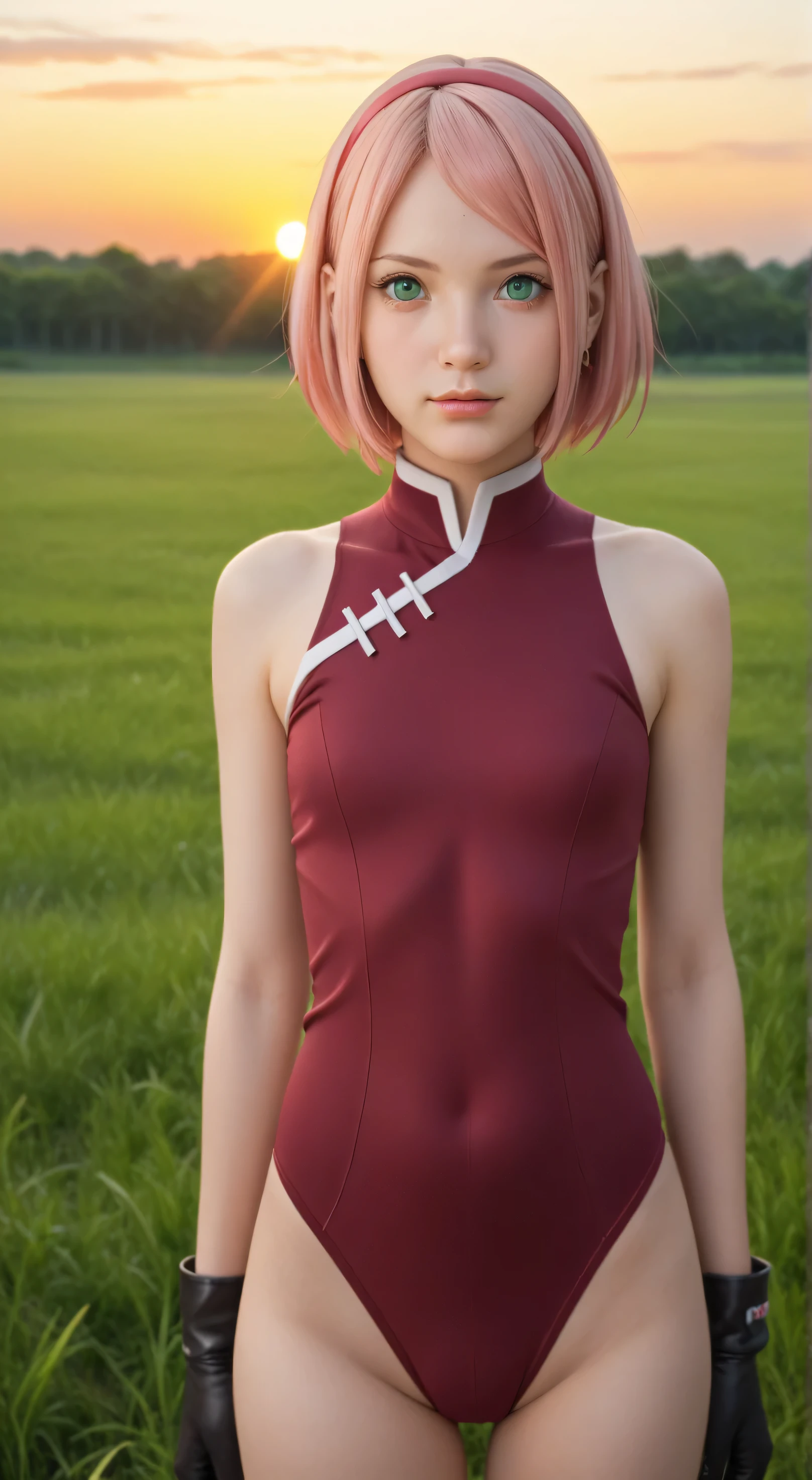 1girl, solo,haruno sakura,emerald eyes,pink hair,short hair,outdoors,potrait,small breast,nature, standing on grass field,sidelocks,(sunset lighting:1.5),red sunset,looking at viewer, front view,close up,black glove,(grass field background:1.5),(wear leotard:1.5)