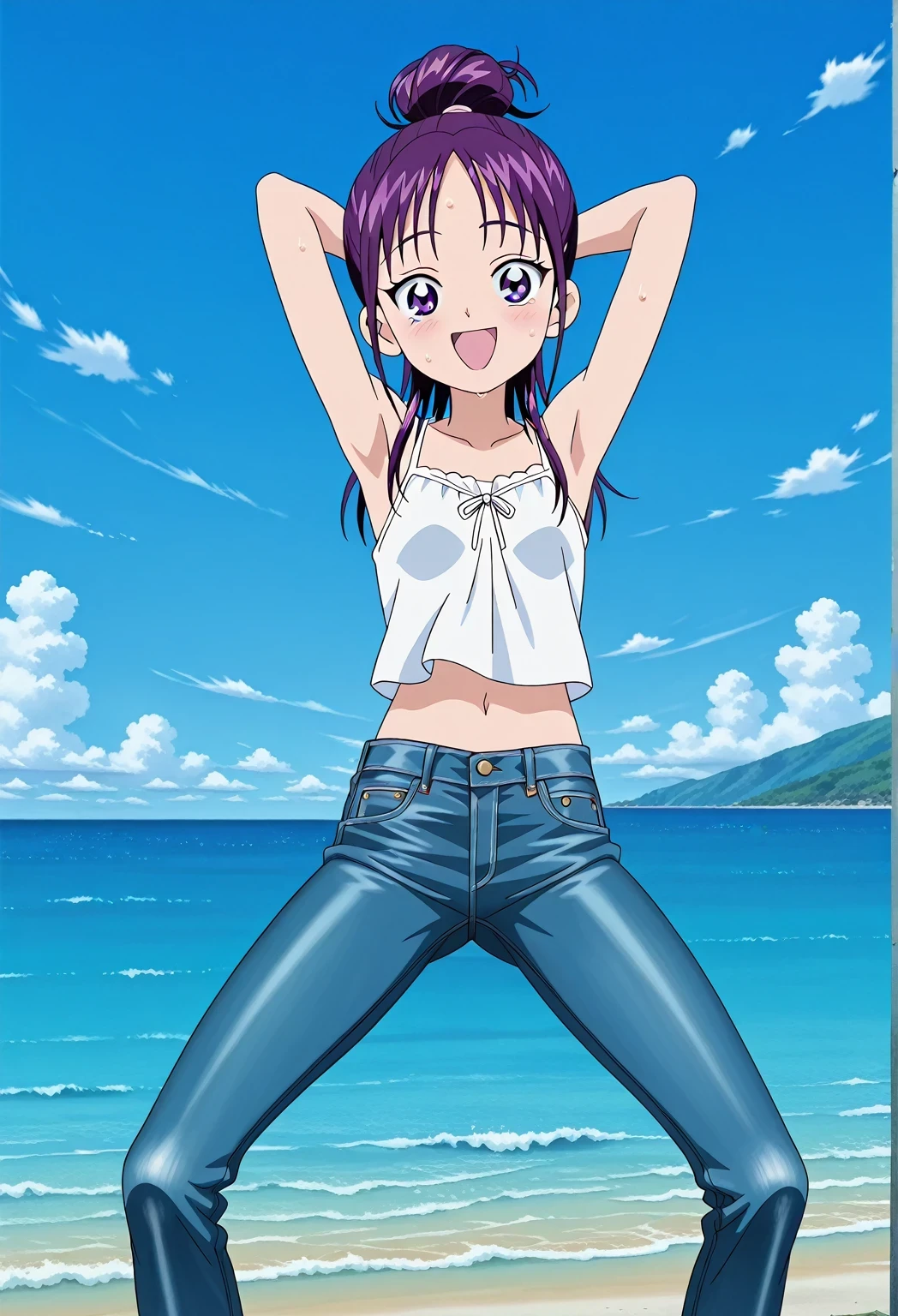 score_9, score_8_up, score_7_up, source_anime, highres, hi res, ((best quality, top quality, perfect quality, Highest Quality, amazing quality)), {{masterpiece}}, {{an extremely delicate and beautiful}}, 2d, intricate details, official style, anime, 8k, anime style, official_anime, official art, digital painting, cell shading, soft shading, high resolution, soothing tones, Subdued Color, Soft cinematic light, adobe lightroom, photolab, HDR, intricately and hyper-detailed, ((high quality animation)), 1 girl, Alone, solo, ((ocean)), tsunami, on the water, day, sunny, outdoors, sky, windy, Mai, purple_eyes, purple hair, long_hair, hair bun, anime screencap, small breasts, white camisole top, crop top, white crop top, best quality, hyper-detailed jeans, ((blue jeans:1.9)), (dark blue jeans:0.6), full medium body, medium shot, Open mouth, smiling, happy face, blush, sweat, standing, ((arms behind head:6.0)), bowlegged, jumping pose, action, looking at viewer, spread legs, Bend knees slightly, straight-on front view