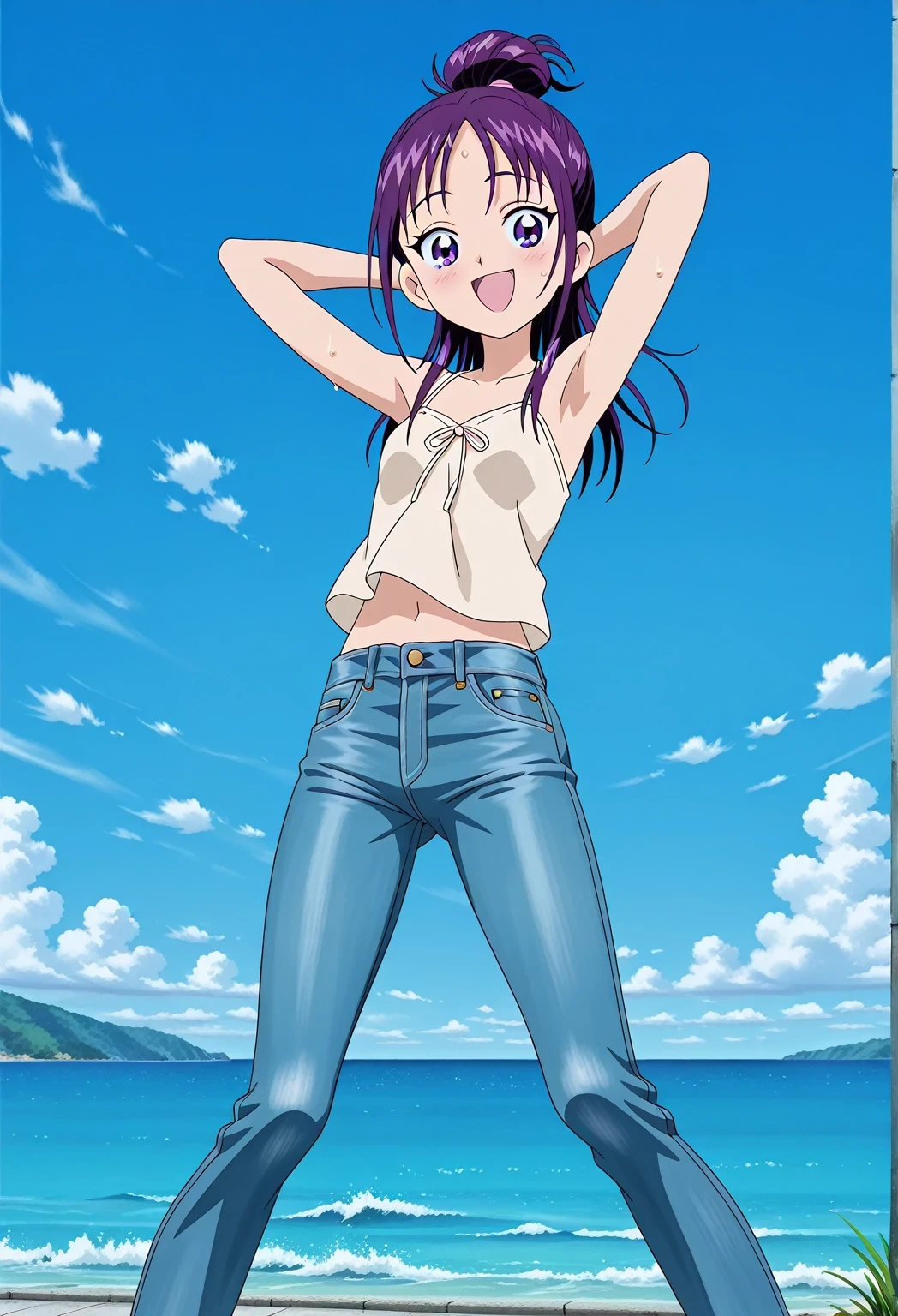 score_9, score_8_up, score_7_up, source_anime, highres, hi res, ((best quality, top quality, perfect quality, Highest Quality, amazing quality)), {{masterpiece}}, {{an extremely delicate and beautiful}}, 2d, intricate details, official style, anime, 8k, anime style, official_anime, official art, digital painting, cell shading, soft shading, high resolution, soothing tones, Subdued Color, Soft cinematic light, adobe lightroom, photolab, HDR, intricately and hyper-detailed, ((high quality animation)), 1 girl, Alone, solo, ((ocean)), tsunami, on the water, day, sunny, outdoors, sky, windy, Mai, purple_eyes, purple hair, long_hair, hair bun, anime screencap, small breasts, light beige camisole top, crop top, light beige crop top, best quality, hyper-detailed jeans, ((blue jeans:1.9)), (dark blue jeans:0.6), full medium body, medium shot, Open mouth, smiling, happy face, blush, sweat, standing, ((arms behind head:6.0)), bowlegged, jumping pose, action, looking at viewer, spread legs, Bend knees slightly, straight-on front view