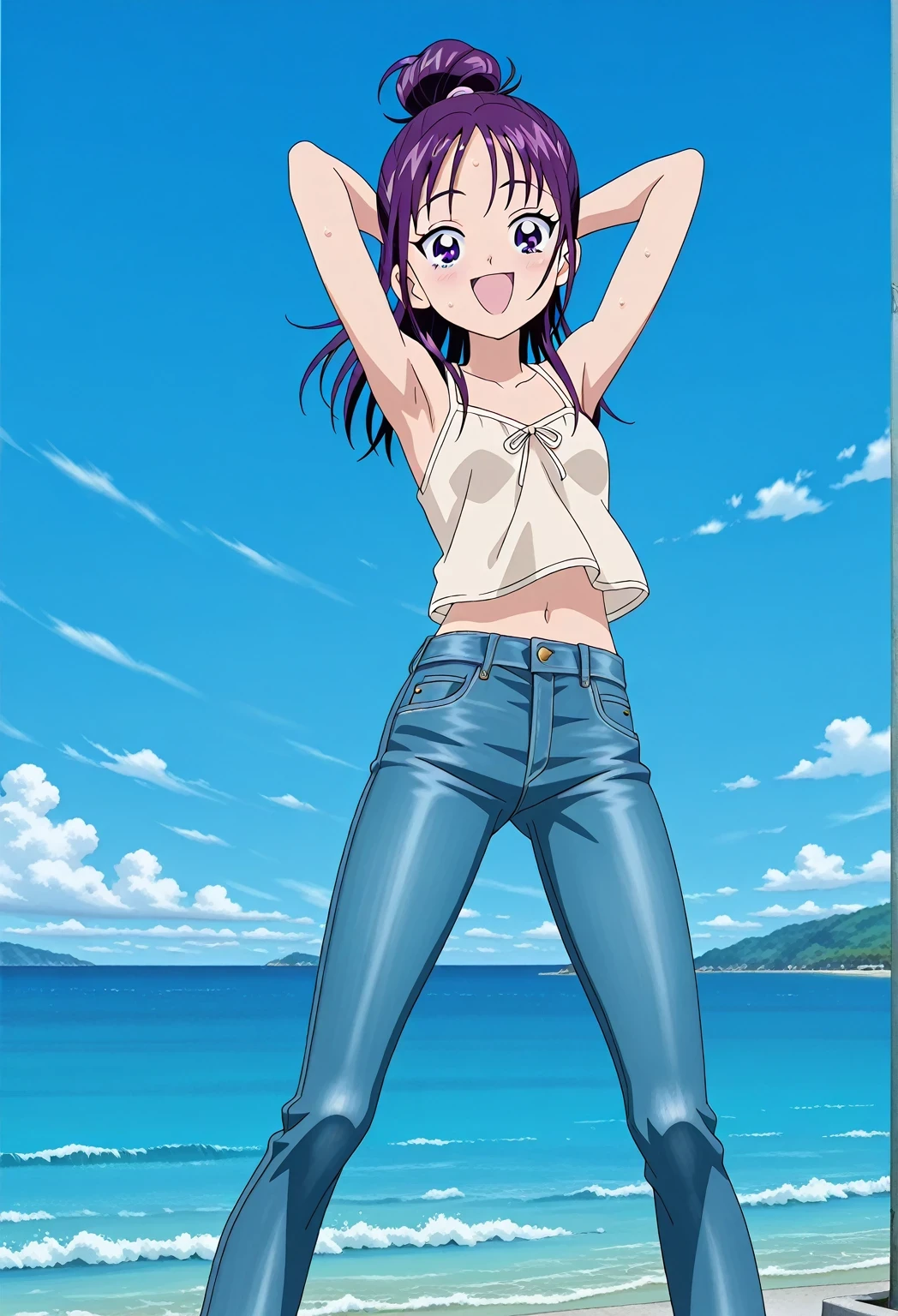 score_9, score_8_up, score_7_up, source_anime, highres, hi res, ((best quality, top quality, perfect quality, Highest Quality, amazing quality)), {{masterpiece}}, {{an extremely delicate and beautiful}}, 2d, intricate details, official style, anime, 8k, anime style, official_anime, official art, digital painting, cell shading, soft shading, high resolution, soothing tones, Subdued Color, Soft cinematic light, adobe lightroom, photolab, HDR, intricately and hyper-detailed, ((high quality animation)), 1 girl, Alone, solo, ((ocean)), tsunami, on the water, day, sunny, outdoors, sky, windy, Mai, purple_eyes, purple hair, long_hair, hair bun, anime screencap, small breasts, light beige camisole top, crop top, light beige crop top, best quality, hyper-detailed jeans, ((blue jeans:1.9)), (dark blue jeans:0.6), full medium body, medium shot, Open mouth, smiling, happy face, blush, sweat, standing, ((arms behind head:6.0)), bowlegged, jumping pose, action, looking at viewer, spread legs, Bend knees slightly, straight-on front view