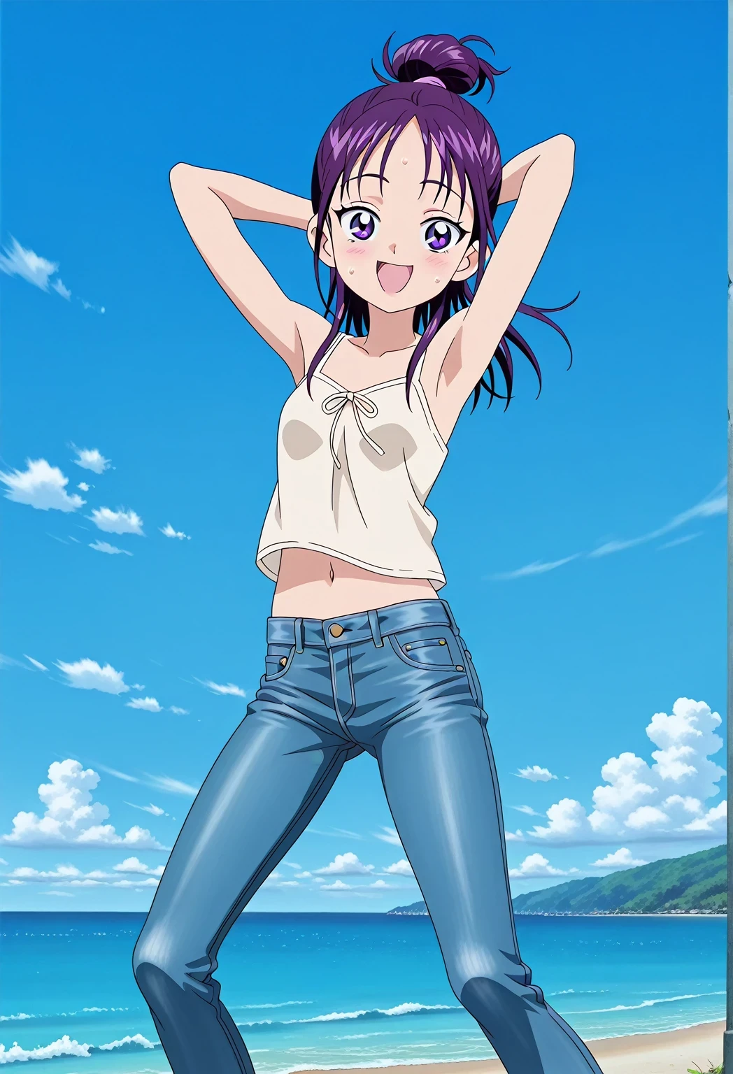 score_9, score_8_up, score_7_up, source_anime, highres, hi res, ((best quality, top quality, perfect quality, Highest Quality, amazing quality)), {{masterpiece}}, {{an extremely delicate and beautiful}}, 2d, intricate details, official style, anime, 8k, anime style, official_anime, official art, digital painting, cell shading, soft shading, high resolution, soothing tones, Subdued Color, Soft cinematic light, adobe lightroom, photolab, HDR, intricately and hyper-detailed, ((high quality animation)), 1 girl, Alone, solo, ((ocean)), tsunami, on the water, day, sunny, outdoors, sky, windy, Mai, purple_eyes, purple hair, long_hair, hair bun, anime screencap, small breasts, light beige camisole top, crop top, light beige crop top, best quality, hyper-detailed jeans, ((blue jeans:1.9)), (dark blue jeans:0.6), full medium body, medium shot, Open mouth, smiling, happy face, blush, sweat, standing, ((arms behind head:6.0)), bowlegged, jumping pose, action, looking at viewer, spread legs, Bend knees slightly, straight-on front view