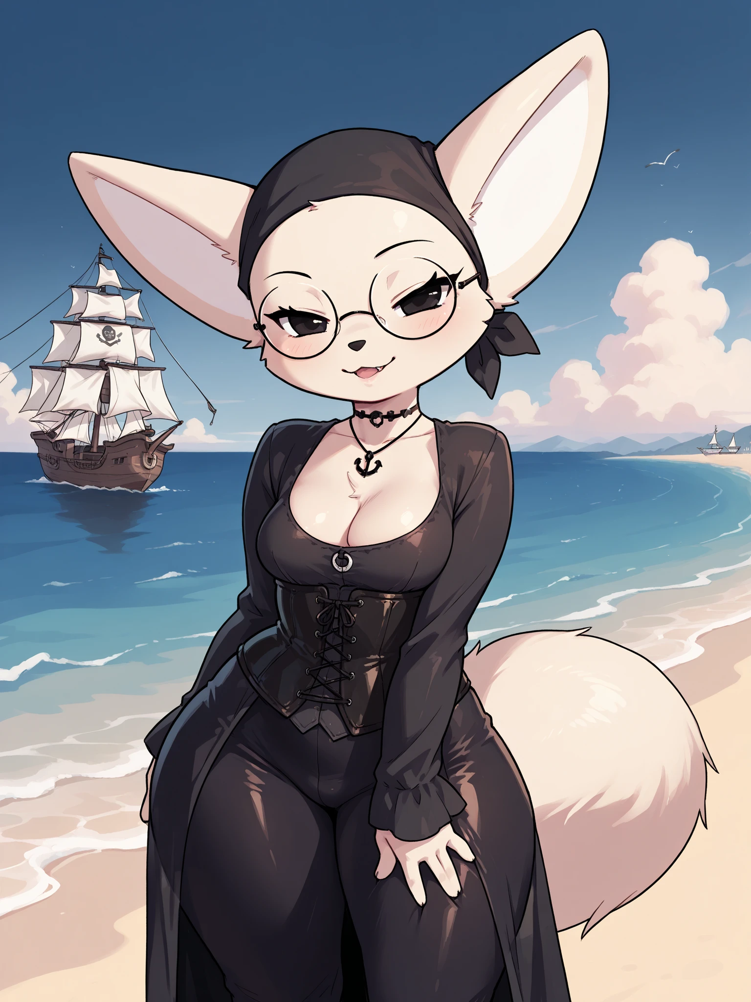 (masterpiece, the best quality), incredible quality, muy estético, absurd, high resolution, NEW , HDR-10, 8K, cinematic, professional photo, chica, librarian, (((Fenneko:1.2))), Pechos grandes, (Small but curvy), glasses, fat nose, wide hips, pirate dress with leather corset:1, standing, black necklace, (((seductive expression))), (((neckline))), on the beach, Pirate ship in the distance, detailed background, subsurface dispersion, translucent, brilliant, SSS, of the highest quality, atmospheric haze , IllustrationsP0s , (super quality:1.2), very excited