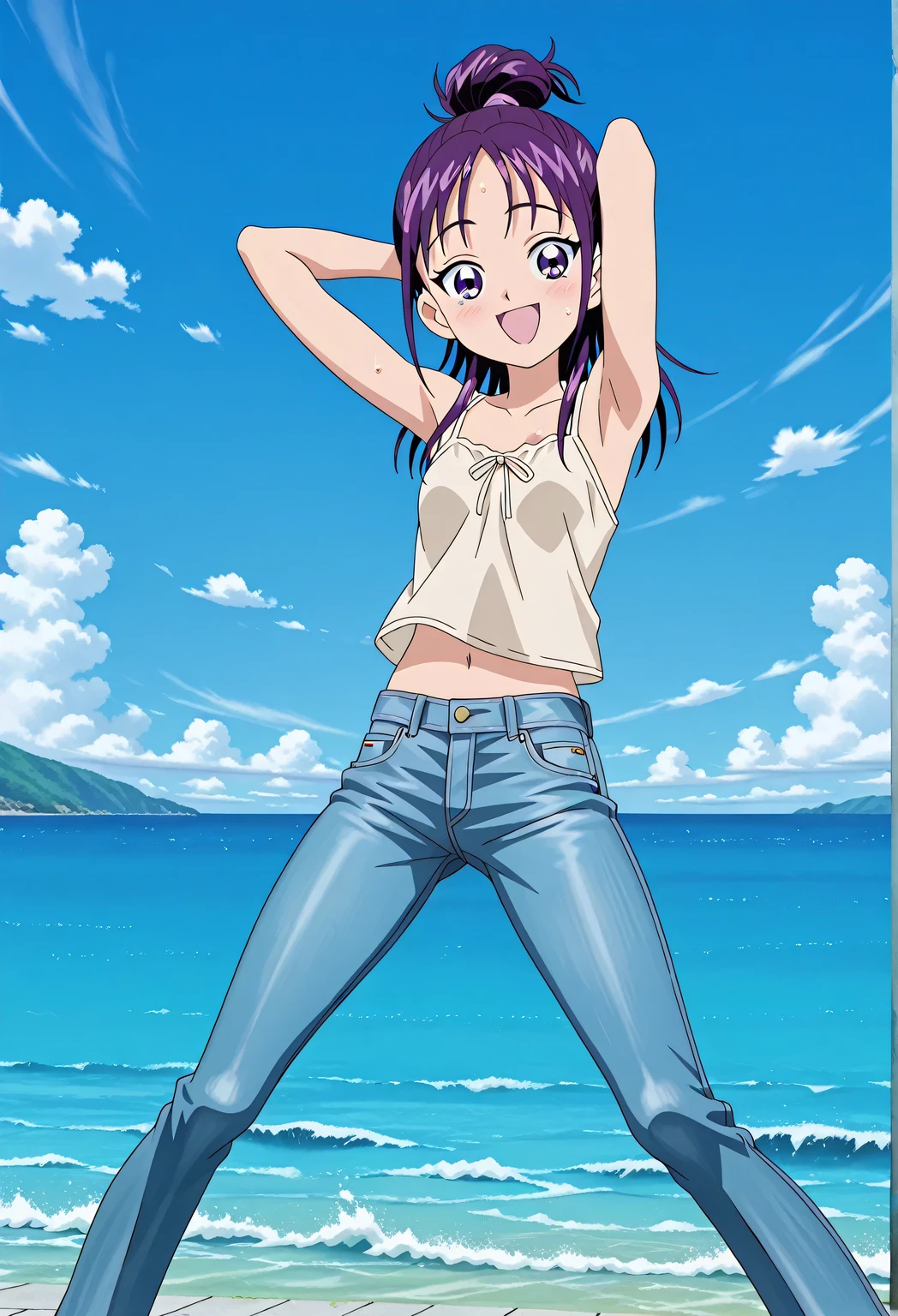 score_9, score_8_up, score_7_up, source_anime, highres, hi res, ((best quality, top quality, perfect quality, Highest Quality, amazing quality)), {{masterpiece}}, {{an extremely delicate and beautiful}}, 2d, intricate details, official style, anime, 8k, anime style, official_anime, official art, digital painting, cell shading, soft shading, high resolution, soothing tones, Subdued Color, Soft cinematic light, adobe lightroom, photolab, HDR, intricately and hyper-detailed, ((high quality animation)), 1 girl, Alone, solo, ((ocean)), tsunami, on the water, day, sunny, outdoors, sky, windy, Mai, purple_eyes, purple hair, long_hair, hair bun, anime screencap, small breasts, light beige camisole top, crop top, light beige crop top, best quality, hyper-detailed jeans, ((blue jeans:1.9)), (dark blue jeans:0.6), full medium body, medium shot, Open mouth, smiling, happy face, blush, sweat, standing, ((arms behind head:6.0)), bowlegged, jumping pose, action, looking at viewer, spread legs, Bend knees slightly, straight-on front view