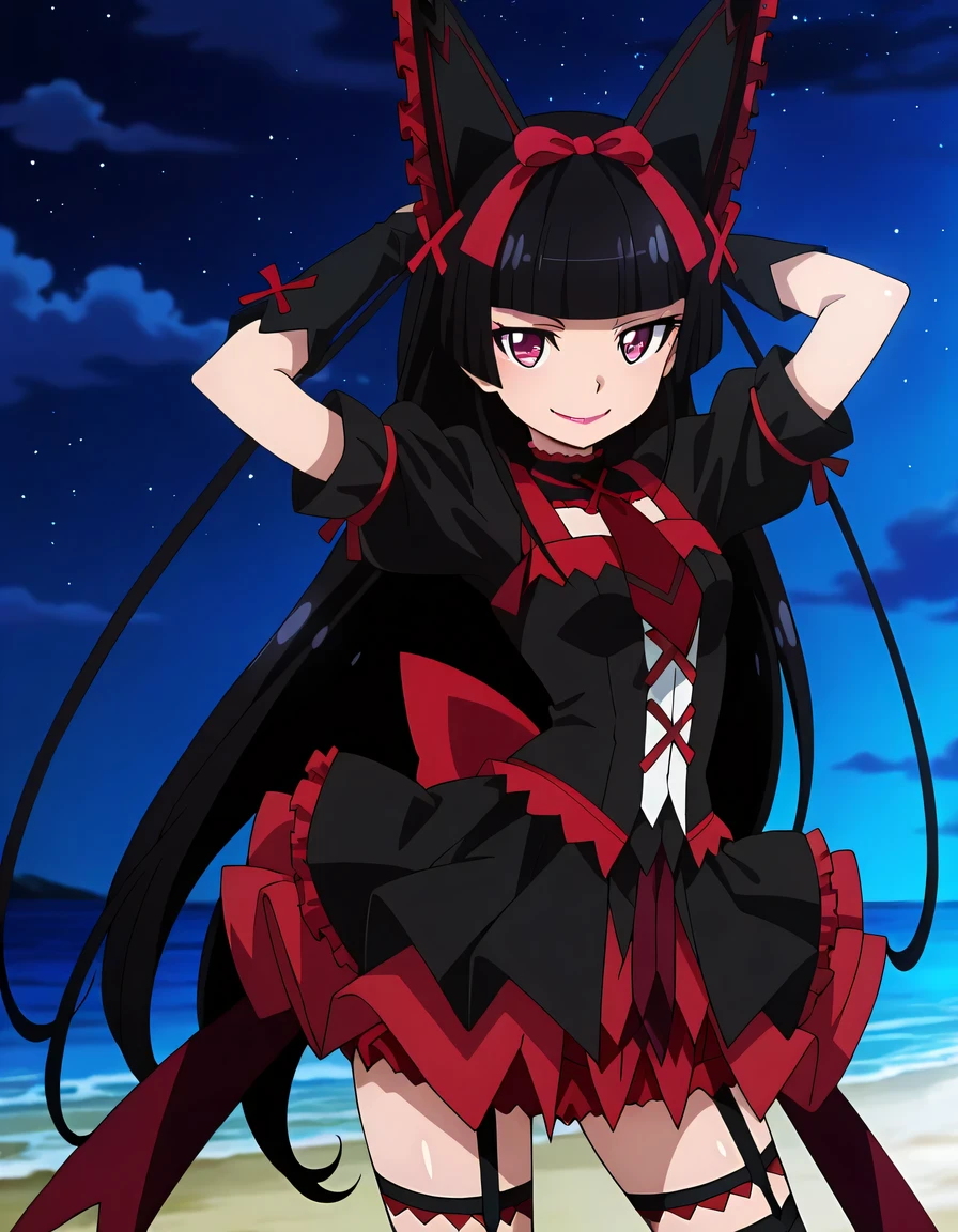 Rory Mercury, anime screencap, masterpiece, best quality,
1girl, solo, closed mouth, smile,
hime cut, long hair, blunt bangs, black hair, multicolored eyes, lips,
hair bow,
multicolored dress, frilled dress, cross-laced dress, red necktie, puffy short sleeves, ribbon trim, black arm warmers,
layered skirt, frilled skirt, garter straps, thigh strap, black thighhighs,
shiny skin, high quality, solo, cowboy shot, ((contrapposto)), hands behind head, closed mouth, night sky, beach, looking at viewer, smile, best quality,