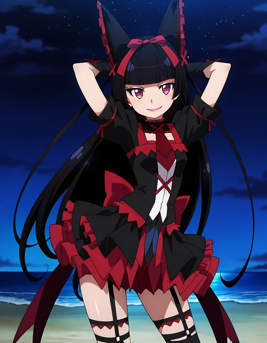 Rory Mercury, anime screencap, masterpiece, best quality,
1girl, solo, closed mouth, smile,
hime cut, long hair, blunt bangs, black hair, multicolored eyes, lips,
hair bow,
multicolored dress, frilled dress, cross-laced dress, red necktie, puffy short sleeves, ribbon trim, black arm warmers,
layered skirt, frilled skirt, garter straps, thigh strap, black thighhighs,
shiny skin, high quality, solo, cowboy shot, ((contrapposto)), hands behind head, closed mouth, night sky, beach, looking at viewer, smile, best quality,