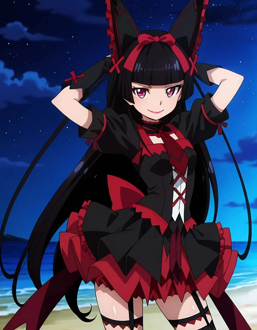 Rory Mercury, anime screencap, masterpiece, best quality,
1girl, solo, closed mouth, smile,
hime cut, long hair, blunt bangs, black hair, multicolored eyes, lips,
hair bow,
multicolored dress, frilled dress, cross-laced dress, red necktie, puffy short sleeves, ribbon trim, black arm warmers,
layered skirt, frilled skirt, garter straps, thigh strap, black thighhighs,
shiny skin, high quality, solo, cowboy shot, ((contrapposto)), hands behind head, closed mouth, night sky, beach, looking at viewer, smile, best quality,