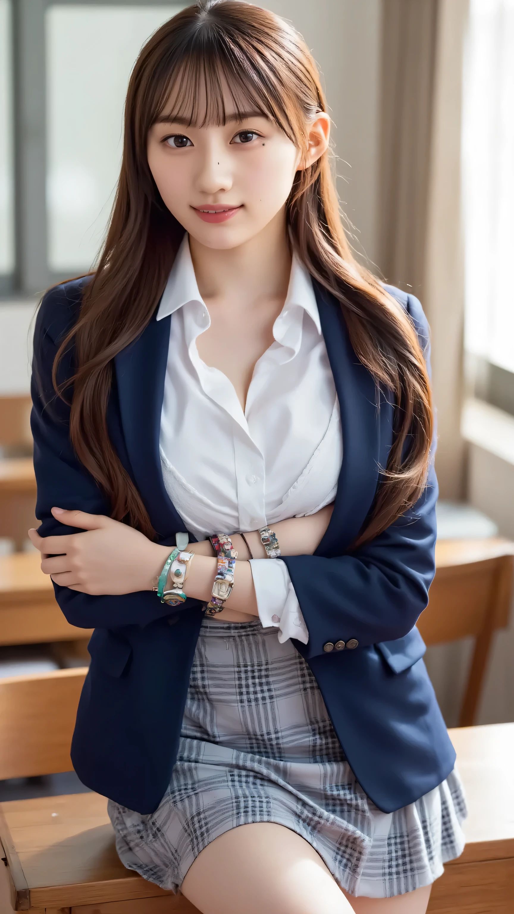 Highest Quality, 8k, masterpiece, ultra high res, (photorealistic: 1.4), RAW pictures, (Caramel-Colored Hair, Bright and long hair), (セクシーなSchool Uniform:1.2), (School Uniform:1.3), (White collar付きシャツ:1.4), Slim midsection: 1.1, (((Standing with hands on hips in the classroom, spread her legs + Chest))), ((White collar, Unbuttoned, Short sleeve):1.2), ((beautiful breasts)), (((wearing a cyclamen pink and gray horizontal striped tie))), ((wearing loose socks)), (light blue and gray plaid pleated mini skirt:1.3), ((Exposed Abdomen, belly button, collarbone, 胸の谷間を強調):1.4), ((necklaces, colorful bracelets, x hair accessories):1.2), ((full body image)), ((school classroom)), ((demon's red eyes)), navy blue blazer, gravure idol, seductive expression, natural light, portrait shooting