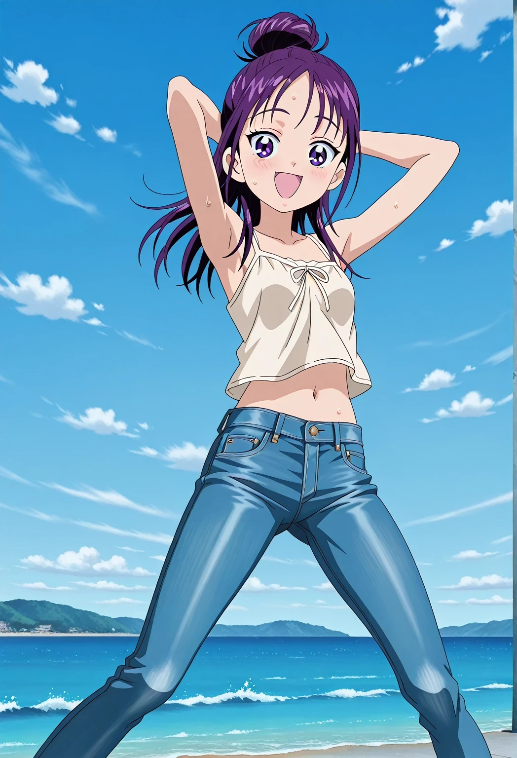 score_9, score_8_up, score_7_up, source_anime, highres, hi res, ((best quality, top quality, perfect quality, Highest Quality, amazing quality)), {{masterpiece}}, {{an extremely delicate and beautiful}}, 2d, intricate details, official style, anime, 8k, anime style, official_anime, official art, digital painting, cell shading, soft shading, high resolution, soothing tones, Subdued Color, Soft cinematic light, adobe lightroom, photolab, HDR, intricately and hyper-detailed, ((high quality animation)), 1 girl, Alone, solo, ((ocean)), tsunami, on the water, day, sunny, outdoors, sky, windy, Mai, purple_eyes, purple hair, long_hair, hair bun, anime screencap, small breasts, light beige camisole top, crop top, light beige crop top, best quality, hyper-detailed jeans, ((blue jeans:1.9)), (dark blue jeans:0.6), full medium body, medium shot, Open mouth, smiling, happy face, blush, sweat, standing, ((arms behind head:6.0)), bowlegged, jumping pose, action, looking at viewer, spread legs, Bend knees slightly, straight-on front view