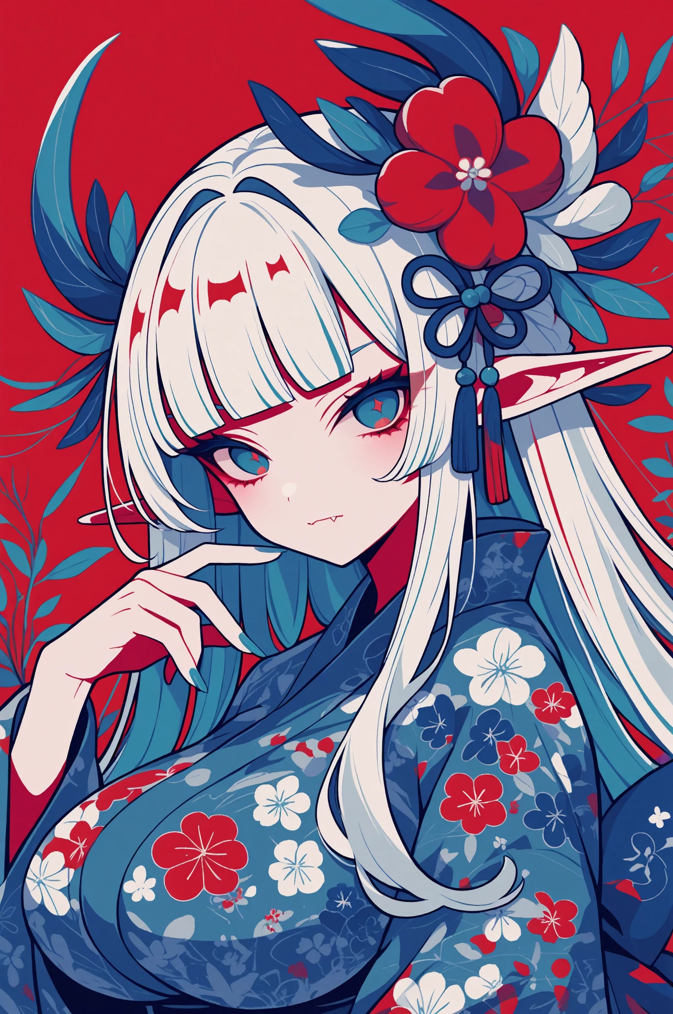 woman, solo, ethereal, crystal blue nails, looking at viewer, bangs, blue eyes, long hair, white hair, hair ornament, hand up, flower, blunt bangs, closed mouth, tassel, ribbon, portrait, colorful, floral yukata, multicolored hair, vampire, fangs, pointed ears, upper body, huge breasts, facing forward, simple background, red_background,