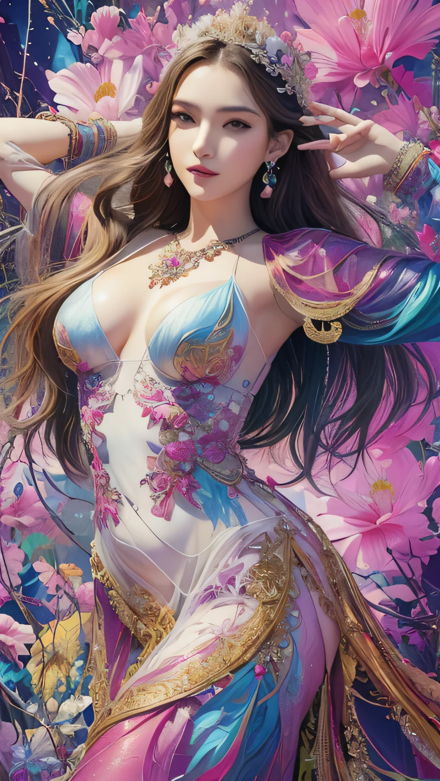 (Masterpiece, top quality, best quality, official art, Beauty and aesthetics: 1.2), (1 girl: 1.3), very detailed, (fractal art: 1.2), colorful, highest detail, (zentangle: 1.2), (dynamic pose), (abstract background: 1.5), (three-layer dress: 1.2), (shiny skin), (multiple colors: 1.4), upper body, transparent gauze, ???? shoulders, blooming flower field, glowing skin, light smile, ????, bust, ?????, from below, ???? up waiting up