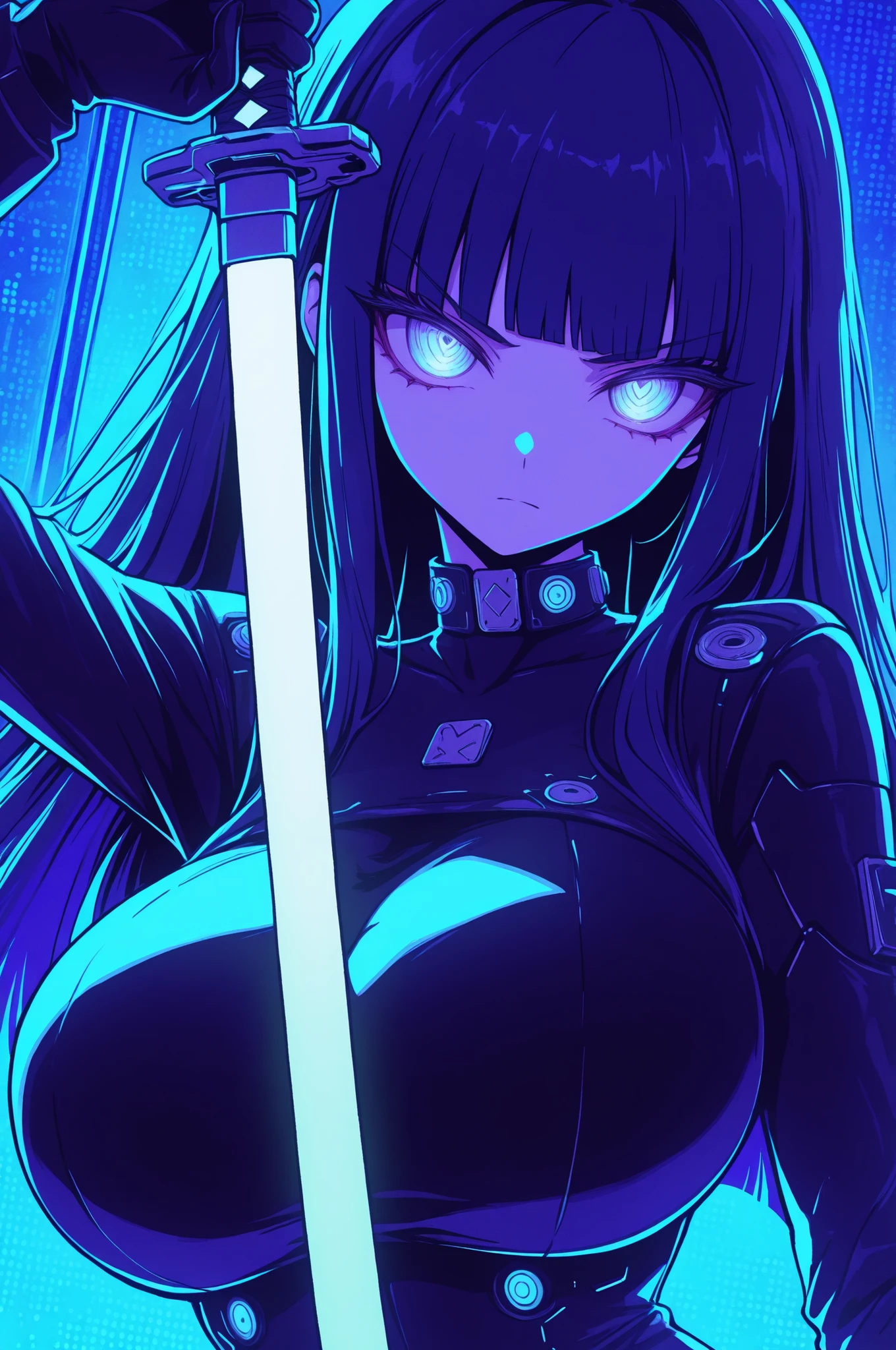 masterpiece, best quality, good quality, absurdres, highres, cyber punk,
BREAK 
1girl, Face Focus, Side Angle, upper body, black hime cut, (magenta eyes), holding Katana pose,dynamic angle, huge breasts
BREAK
Backlight, one side light, cybernetic digital background with green neon light