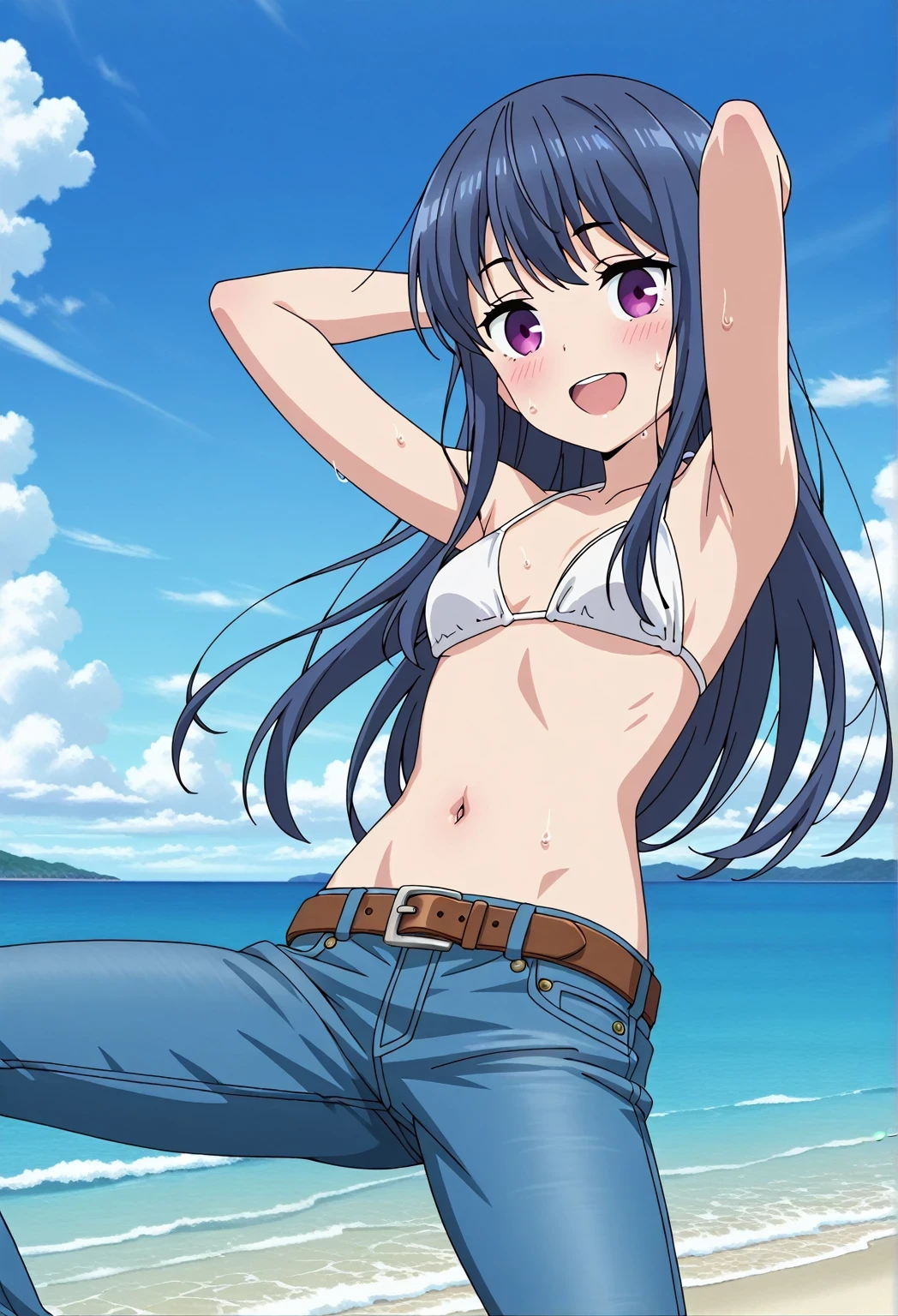 score_9, score_8_up, score_7_up, source_anime, highres, hi res, ((best quality, top quality, perfect quality, Highest Quality, amazing quality)), {{masterpiece}}, {{an extremely delicate and beautiful}}, 2d, intricate details, official style, anime, 8k, anime style, official_anime, official art, digital painting, cell shading, soft shading, high resolution, soothing tones, Subdued Color, Soft cinematic light, adobe lightroom, photolab, HDR, intricately and hyper-detailed, ((high quality animation)), 1 girl, Alone, solo, ((ocean)), tsunami, on the water, day, sunny, outdoors, sky, windy, rin shima, blue hair, purple eyes, long hair, sidelocks, anime screencap, small breasts, white bikini top, best quality, hyper-detailed jeans, belt, brown belt, ((blue jeans:1.9)), (dark blue jeans:0.6), full medium body, medium shot, Open mouth, smiling, happy face, blush, sweat, standing, ((arms behind head:6.0)), bowlegged, jumping pose, action, looking at viewer, spread legs, Bend knees slightly, straight-on front view