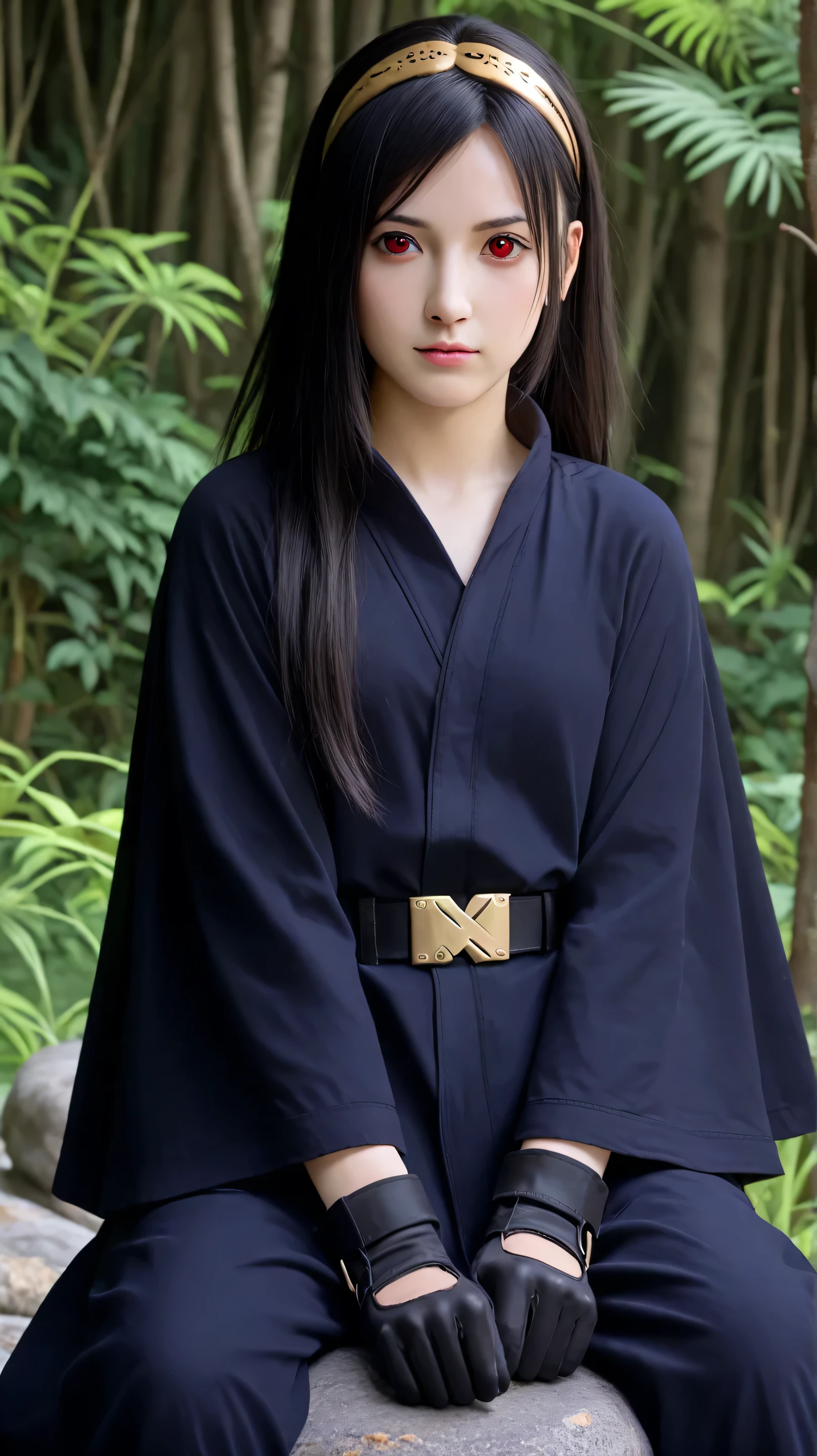 Masterpiece, best quality, 8k, ultra high resolution, photorealistic, cinematic composition.1girl, solo,hikari uchiha,black hair,(long hair:1.4),outdoors,potrait,small breast,black eyes,,red eyes,pine forest,(sitting on stone:1.5),(front view), looking at viewer,(jungle background:1.5),close up, black glove,black cloak,tactical belt,black pants, gold hairband,hair between eyes