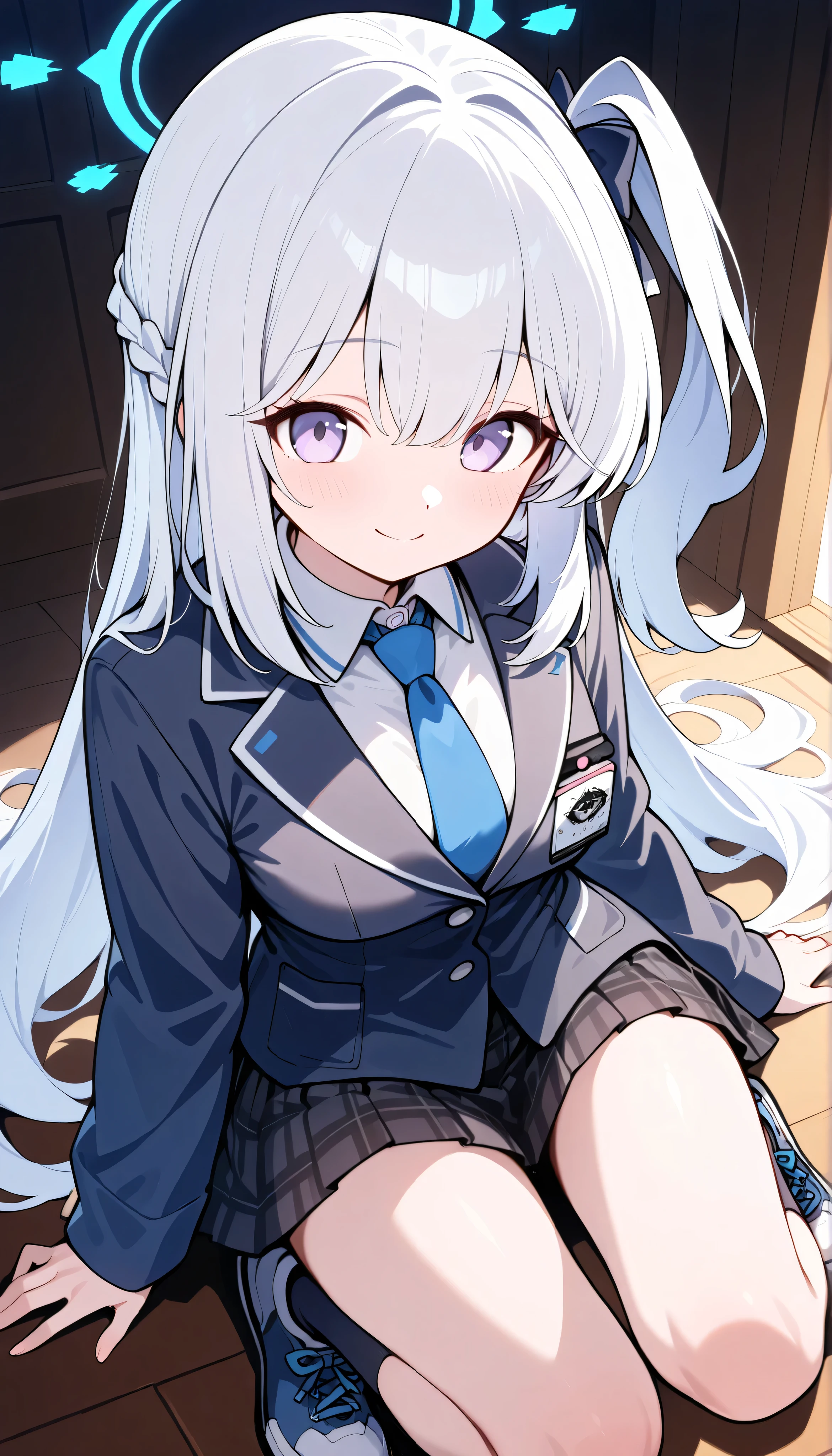 miyako (blue archive),purple eyes, white hair,long hair,one side up,halo,medium breasts,　solo, I can see my eyebrows from the inside of my hair, hair between eyes,　 masterpiece, Best Quality, very aesthetic,  school uniform,black blazer,pleated skirt,plaid skirt,necktie,sneakers, smile,