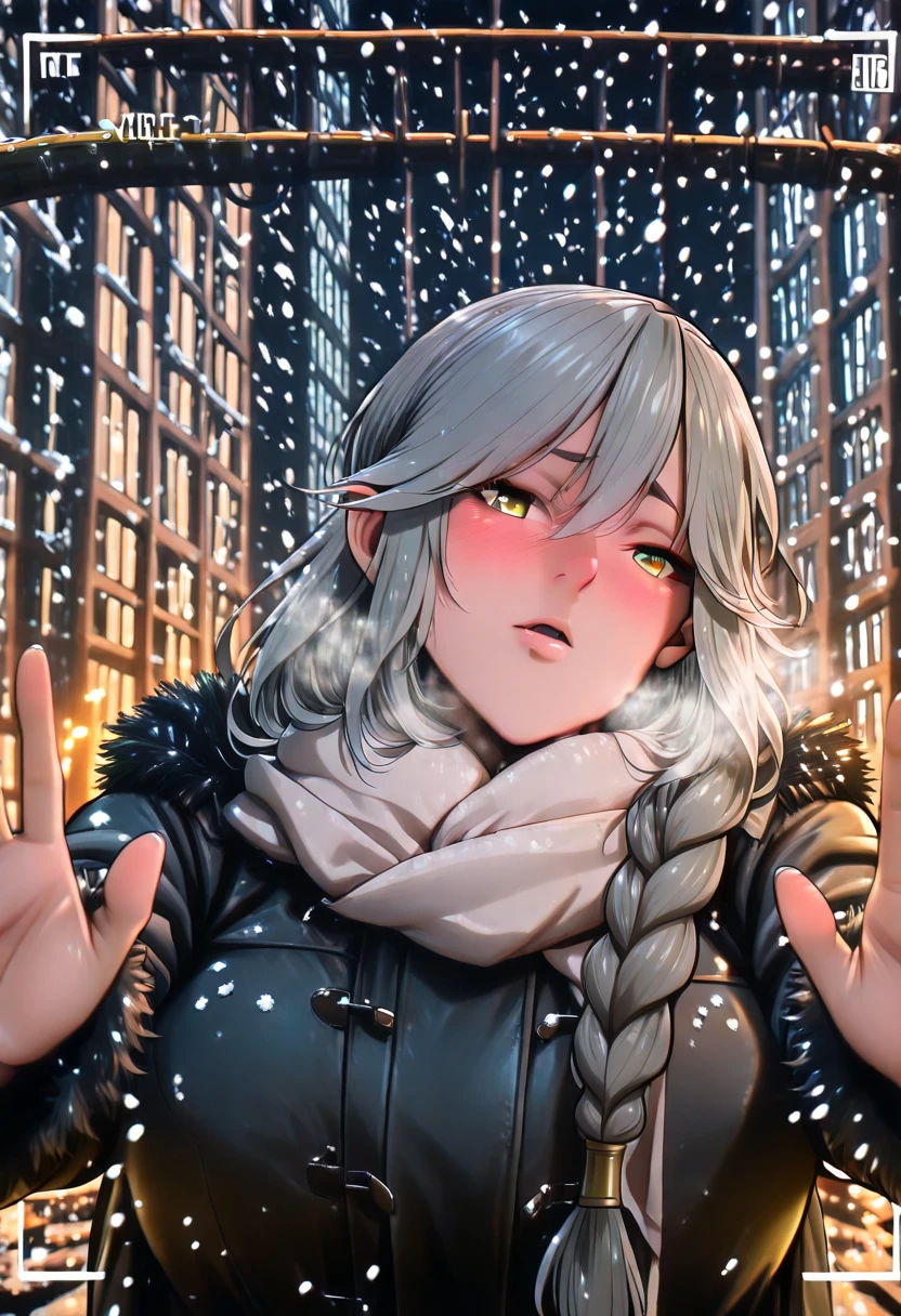 Hgk, (tanabe_(studio_tiamat)-style:1.4), (packge-style:1.2), (takeuchi_takashi-style:1.3), (zonda_(solid_air)-style:1.4), (imizu_(nitro_unknown)-style:1.2), ((anatomical correct)), ((Cinematic, unreal engine, eye-catching, ambient occlusion, UHD, masterpiece)), ((perfect lighting, soft shadow)), perfect body, perfect eyes, perfect fingers, gasping, heavy breathing, gasping profusely, (()), ((curvy)), mature female,long hair,grey hair,braid,yellow eyes, (voluptuous:1.5), (mature female:1.5), 1girl, blush, scarf, looking_at_viewer, breath, solo, coat, night, embarrassed, fur_trim, snowing, winter_clothes, fur-trimmed_coat, outdoors, pov, jacket, city, cold, motion blur, viewfinder, embers, parted lips, half-closed eyes 