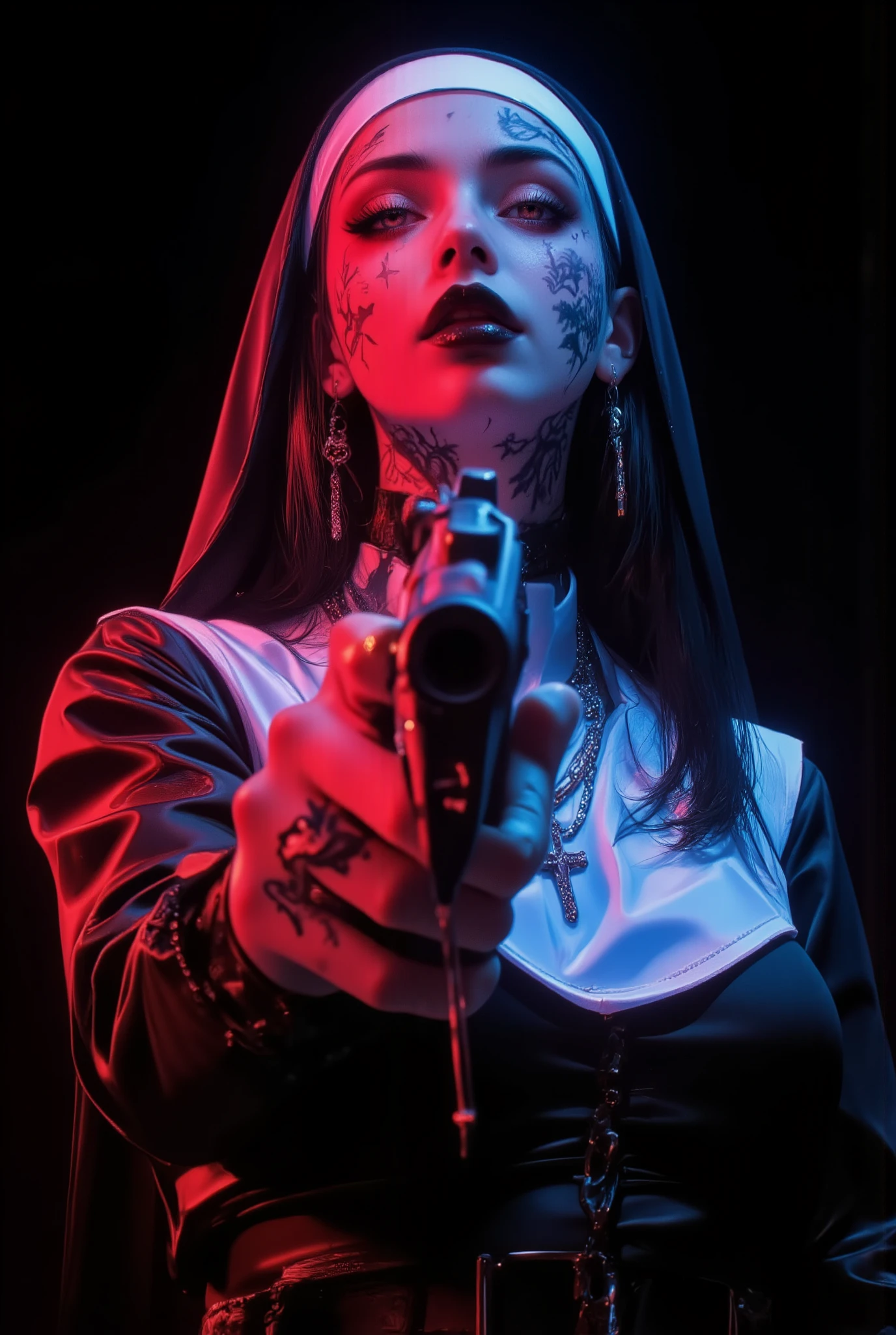 (vista frontal,retrato,desde abajo),fashion photography retrato,1girl, fotorrealista,beautiFully detailed eyes,piel real,alta calidad ,Ultra Fino,mafia ,tatuaje facial, targets viewers with a pistola in her right hand, Tiene un arma, pistola, tiene una pistola, y apunta a la audiencia, revólver, Gatillo de accionamiento manual,wide angle vista frontal, No,con un disfraz de monja,hermana velo,demonio,,mirada gélida y sangrienta,cruz , Labios gruesos y negros ,depresión,pelo negro,mejillas rojas, labios góticos negros ,chelín,corte princesa,Ful,Apunta con tu arma ,pelo negro,beautiFul finger, manos,cinematográfico,iluminación dramática,(iluminación de neón roja y azul),fondo negro simple