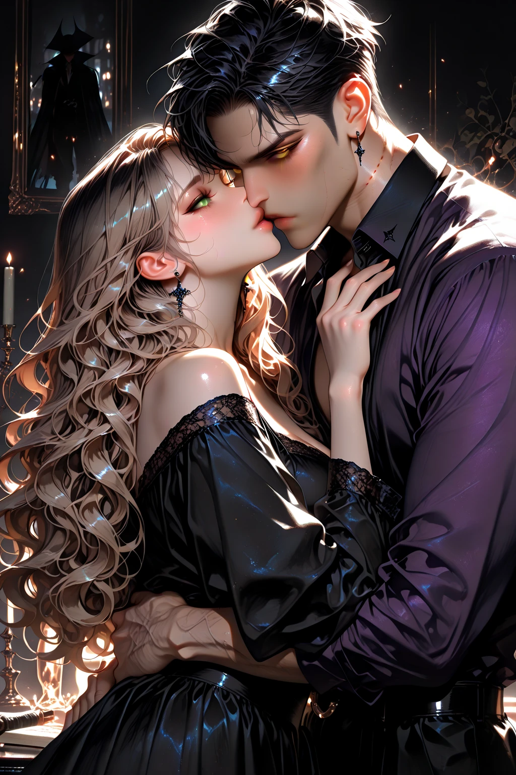 (8K, HighDynamicRange, Ultra-detailed)
(Masterpiece: 1.4, Best quality, Raw photo)
(Pin Light, Moonlight scene)

A heavenly, dark couple is captured in an intimate moment beneath the gentle glow of moonlight. The slender, slim girl's long, black hair cascades down her back in soft waves, framing her elegant, dark green queen dress with silver details. Her purple eyes, adorned with dragon pupils, gaze lovingly into her partner's eyes. A sensual kiss is exchanged, their lips meeting in a tender embrace, leaving a trail of lip gloss behind.

The imposing man,