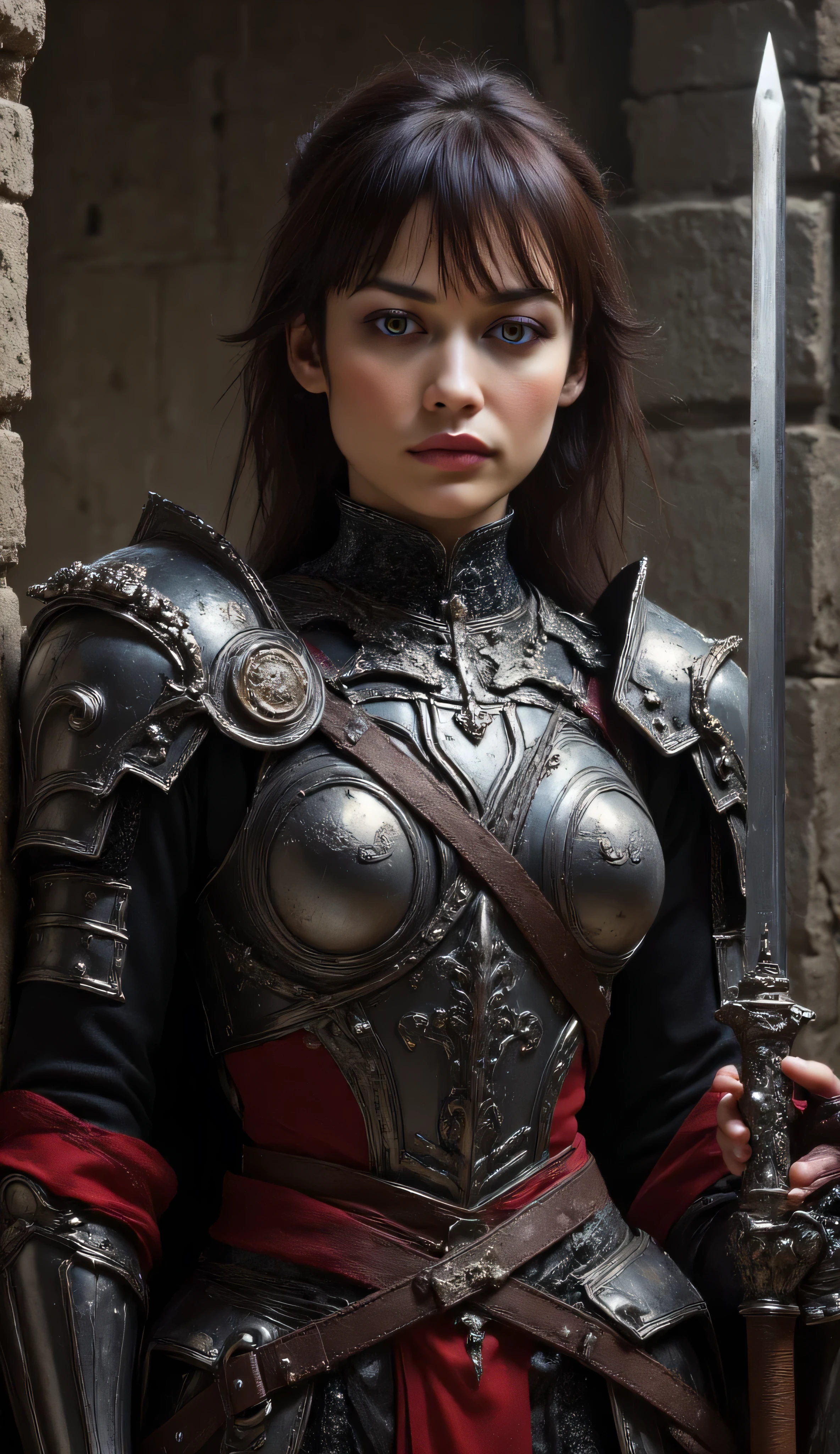 Olga Kurylenko as Cassandra Pentaghast, Dragon age, fierce warrior, realistic dark fantasy art style, wearing polished steel armor with crimson accents and layered leather straps, too short hair frames a stern face with battle scars, intense gaze filled with determination, holds a longsword in one hand, blade reflecting cold light, her other hand is clenched in readiness, detailed armor, etchings, rivets, belts, elegance and rugged practicality, weathered stone wall with cracks behind, ancient fortress atmosphere, cinematic composition, gritty textures, highly detailed character design, dramatic lighting, realistic fantasy illustration, cowboy shot