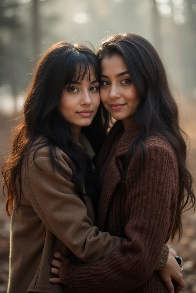 Pretty woman with long hair and her beautiful dark-haired 7-year-old boy, hugged 