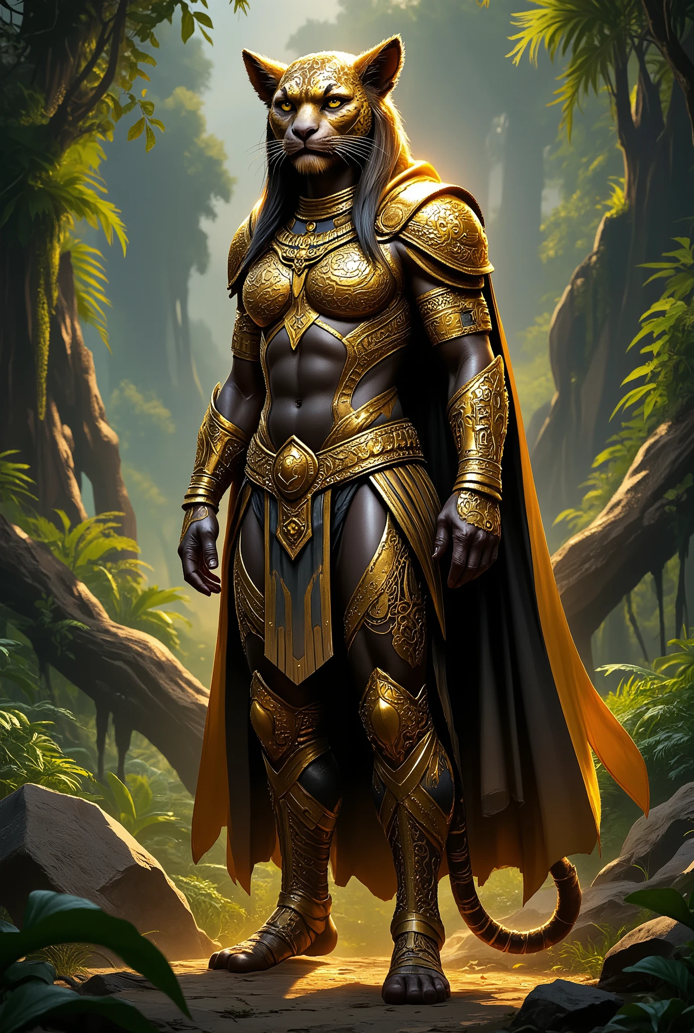 anthropomorphic female jaguar aztec warrior, standing in the jungle, wearing a cape, golden outlines, highly detailed, intricate motifs, organic tracery, perfect composition, digital painting, artstation, concept art, smooth, sharp focus, illustration, Carne Griffiths, pixar, Victo ngai, Jean Baptiste Monge, shiny aura, detailed background