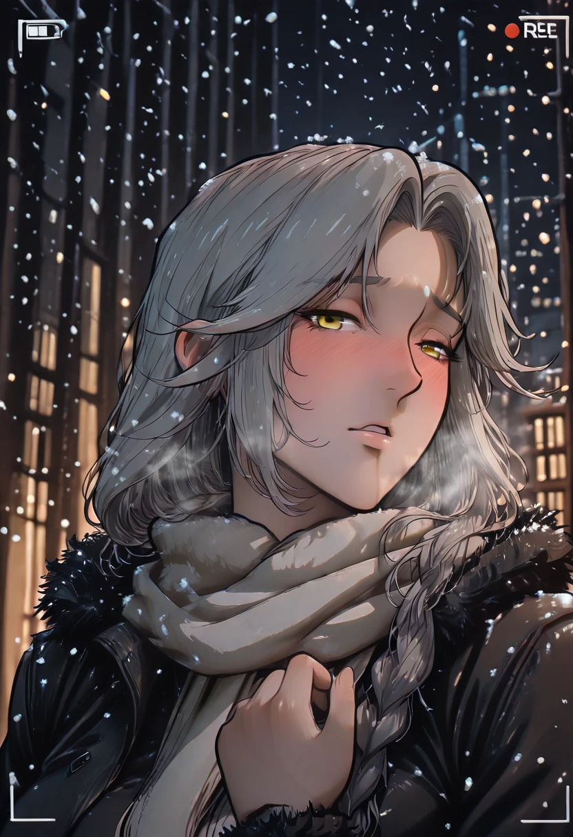 (imizu_(nitro_unknown)-style:1.2), ((anatomical correct)), ((Cinematic, unreal engine, eye-catching, ambient occlusion, UHD, masterpiece)), ((perfect lighting, soft shadow)), perfect body, perfect eyes, perfect fingers, gasping, heavy breathing, gasping profusely, (()), ((curvy)), mature female,long hair,grey hair,braid,yellow eyes, forehead, (voluptuous:1.5), (mature female:1.5), 1girl, blush, scarf, looking_at_viewer, breath, solo, coat, night, embarrassed, fur_trim, snowing, winter_clothes, fur-trimmed_coat, outdoors, pov, jacket, city, cold, motion blur, viewfinder, embers, parted lips, half-closed eyes
