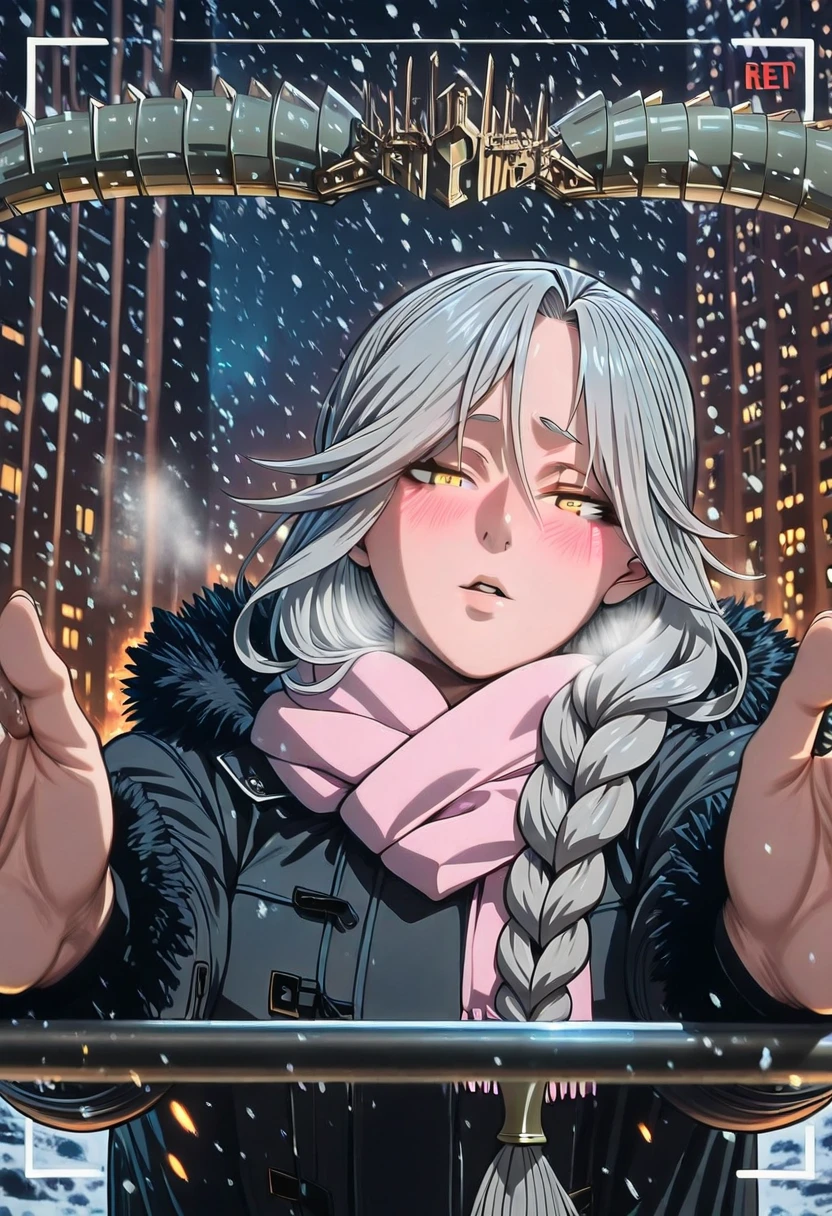 Hgk, (tanabe_(studio_tiamat)-style:1.4), (packge-style:1.2), (takeuchi_takashi-style:1.3), (zonda_(solid_air)-style:1.4), (imizu_(nitro_unknown)-style:1.2), ((anatomical correct)), ((Cinematic, unreal engine, eye-catching, ambient occlusion, UHD, masterpiece)), ((perfect lighting, soft shadow)), perfect body, perfect eyes, perfect fingers, gasping, heavy breathing, gasping profusely, (()), ((curvy)), mature female,long hair,grey hair,braid,yellow eyes, (voluptuous:1.5), (mature female:1.5), 1girl, blush, scarf, looking_at_viewer, breath, solo, coat, night, embarrassed, fur_trim, snowing, winter_clothes, fur-trimmed_coat, outdoors, pov, jacket, city, cold, motion blur, viewfinder, embers, parted lips, half-closed eyes 