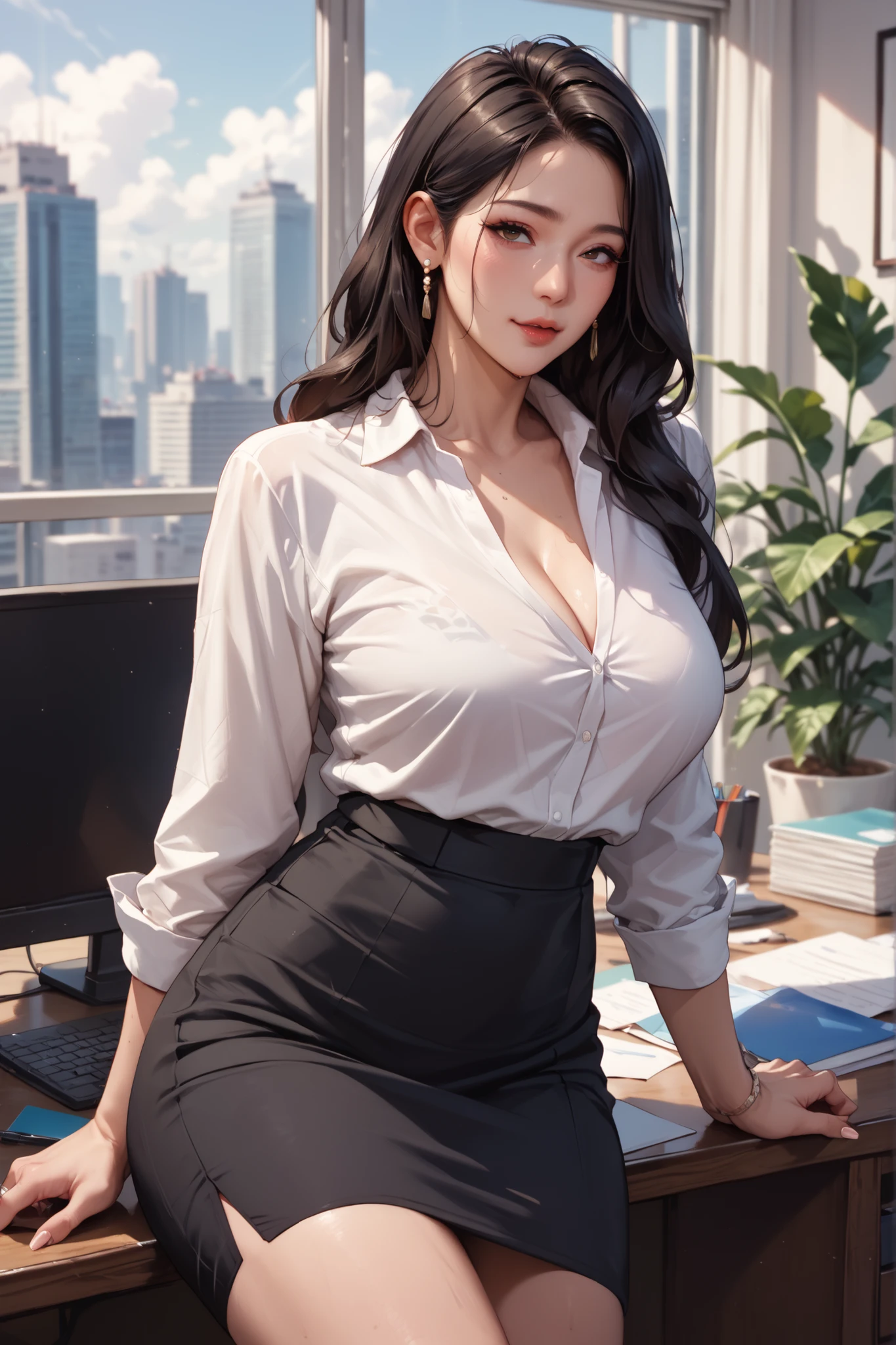 Korean girl with big boobs. mature face. long hair. black hair. white shirt. black skirt. company office background
