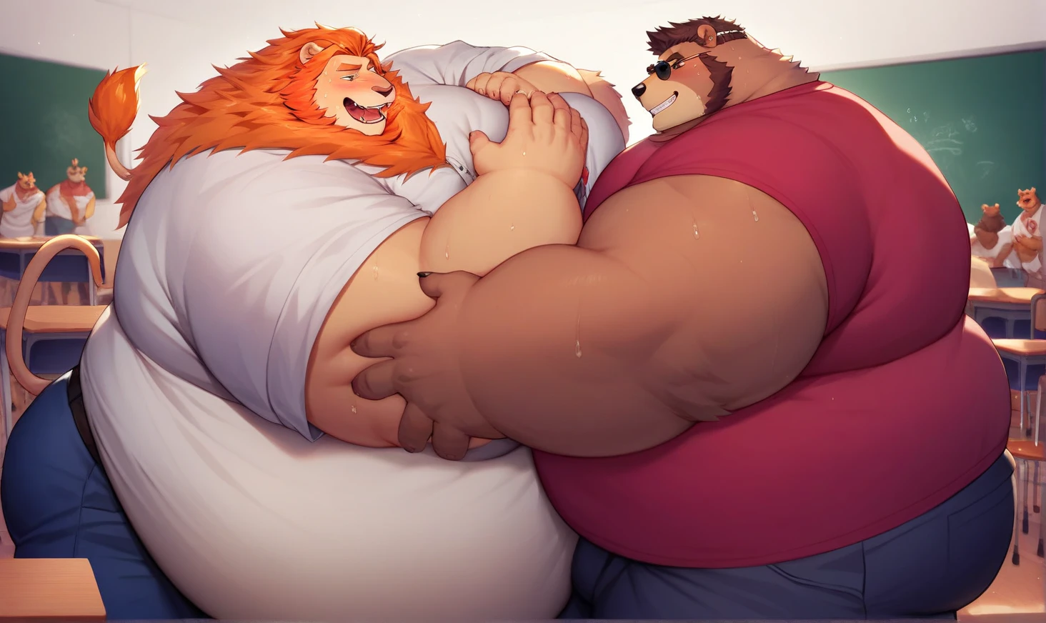 three headed otter, grumpy, frown, annoyed, by dramamine, identical:1.9, obese, old, thick neck, bed background, graffiti, eyes closed, snoring, shirtless, , , flaccid , , navel, sweaty, hairy, gross, lying on bed, hands over head, hairy armpits, Disney style, rugged, , worms eye view