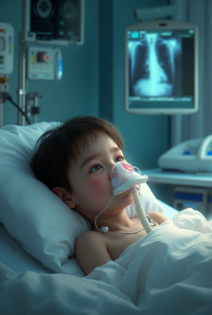 Handsome kindergarten boy with infectious disease、Appearance of suffering. He is wearing a white mask. He has a high fever. he is sleeping. He has a cough. He is exhausted. He is taking his temperature with a thermometer. He is dying. He is cooling his forehead with a cooling gel sheet..Are crying