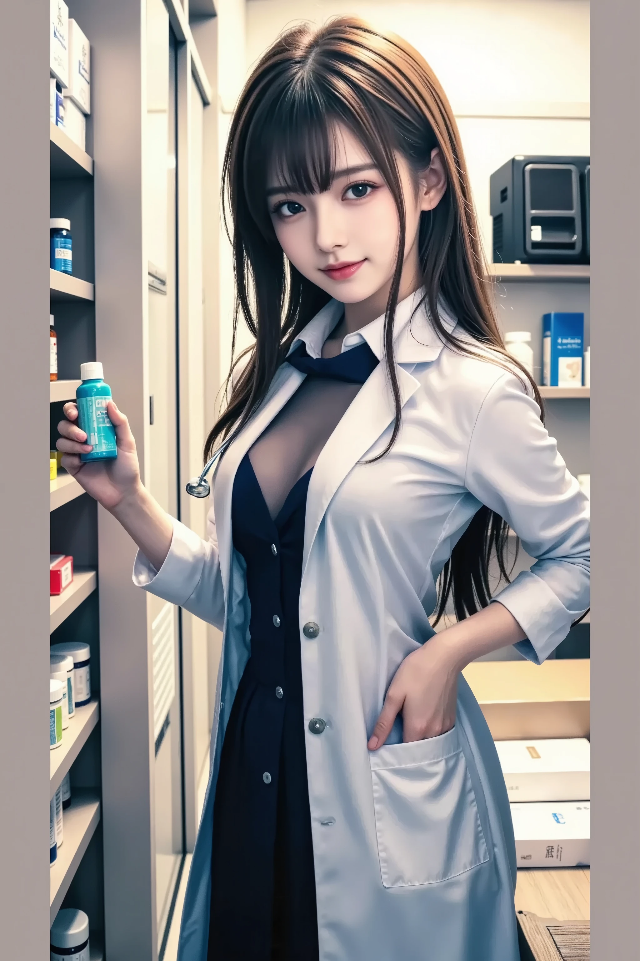 美少女 in a pharmacy store with a medicine cabinet, doctor, Wearing a white coat, pharmacy, I'm wearing a white coat and black blouse, Package that says Slender Style 4K, moe art style, (doctor), nurse girl, Belted Tight Waist, Perfect body line, (detailed hands, perfect hands), (Beautiful legs), ((Ultra thin 0.01mm:1.3)), Highest Quality, Highest Image Quality, ultra high definition, photorealistic, greatest masterpiece
