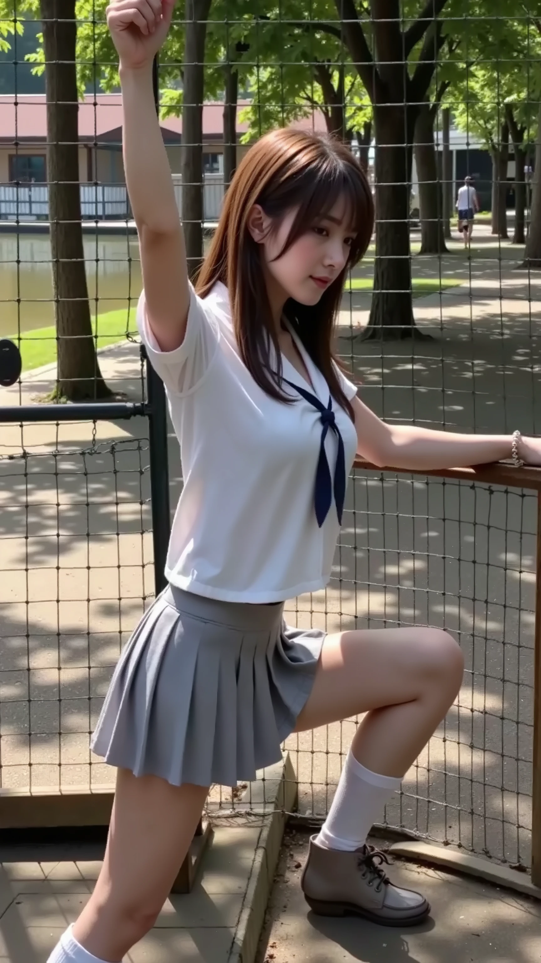 (((A woman in uniform stretches her hands and legs and is tied to a wire mesh))), Japanese uniform, Japanese high school girl uniform, (((A high school girl who has been detained:1.3))), wearing a skirt and high socks, wearing Japanese uniform, seifuku, Dressed as a high school girl, aya takano, from High School Girls, cute high school girl, runs barefoot on lake, Anime Girl Cosplay, A Scene from the Movie, Tight Waist, Beautiful legs, ((Beautiful Breasts)), slender body line, (((Moustache:1.3))), Highest Quality, greatest masterpiece, Highest Image Quality, ultra high definition, reality, (detailed hands:1.3, perfect right hand:1.3), (((Detailed Restraint:1.2))), loafers