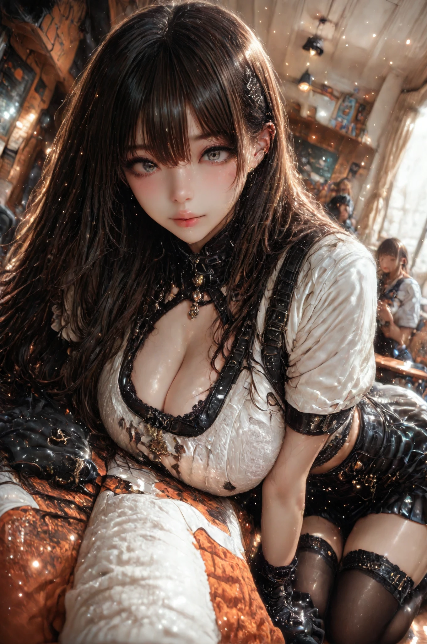 In the foreground, a pile of electronic waste. In the middle shot, a  young woman leans forward, looking at the pile of waste as if she were looking at the inside of a car engine.
In the background, a snowy village, a starry night, the northern lights.