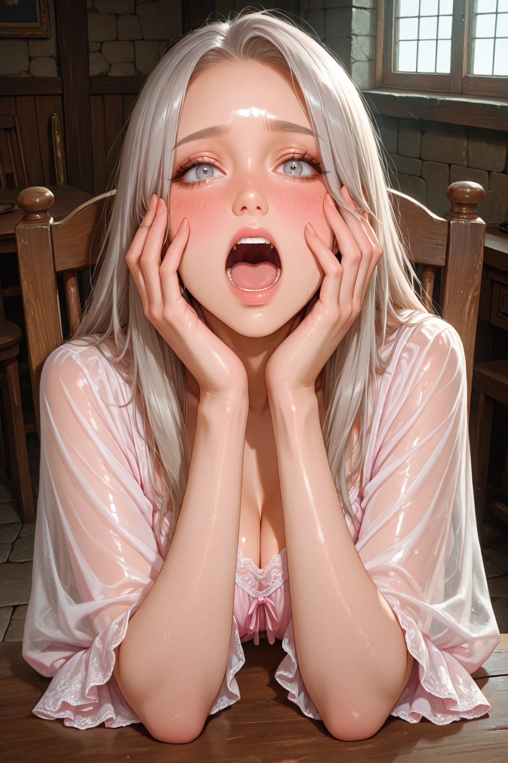 <lora:ddll_v1:0.75>, licking lips, tongue, portrait, tongue on lips, masterpiece, best quality, absurdres, highres, 4k, ray tracing, intricate details, highly detailed, (1girl:perfect face, cute, small breasts, long ginger hair, petite, twintails/ glasses, freckles, fang) nose sucking up, golden hour