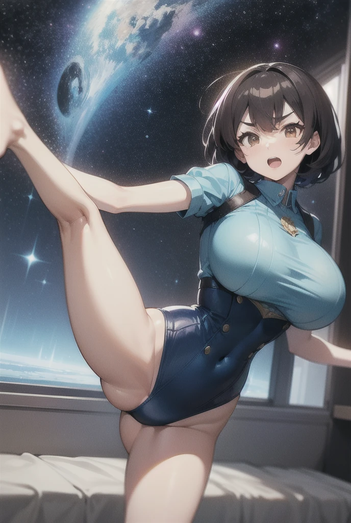 Solo,1 beautiful girl,Best Quality,extremely delicate CG,hightquality,masuter piece,Fold your hands behind your head,thick thight,Wide buttock,dent in the skin，Pleasant look,swept away, swept away,Beautiful delicate blue eyes,standing on stage with a large audience,In a vulgar pose with ????????? open,green short bob cut,There is a large yellow bow tie-shaped ribbon on the back of the head.。.,Overflowing big,Skimpy white see-through sleeveless shirt, He wears black leather gloves that go up to his elbows.., Bright colors, High quality,High-definition illustrations, a beauty girl,Plump,wearing black leather bloomers,Wearing light purple pantyhose,Very wide pale pink ??????,Open mouth, Wearing a navy blue bow tie,wearing a very short yellow transparent skirt,Stick out your tongue,Sweating a lot, Realistic damp skin，Armpits，Diagram of a highly curved hip joint，With perfect legs，hypertrophy，Plump ??????,I can see your