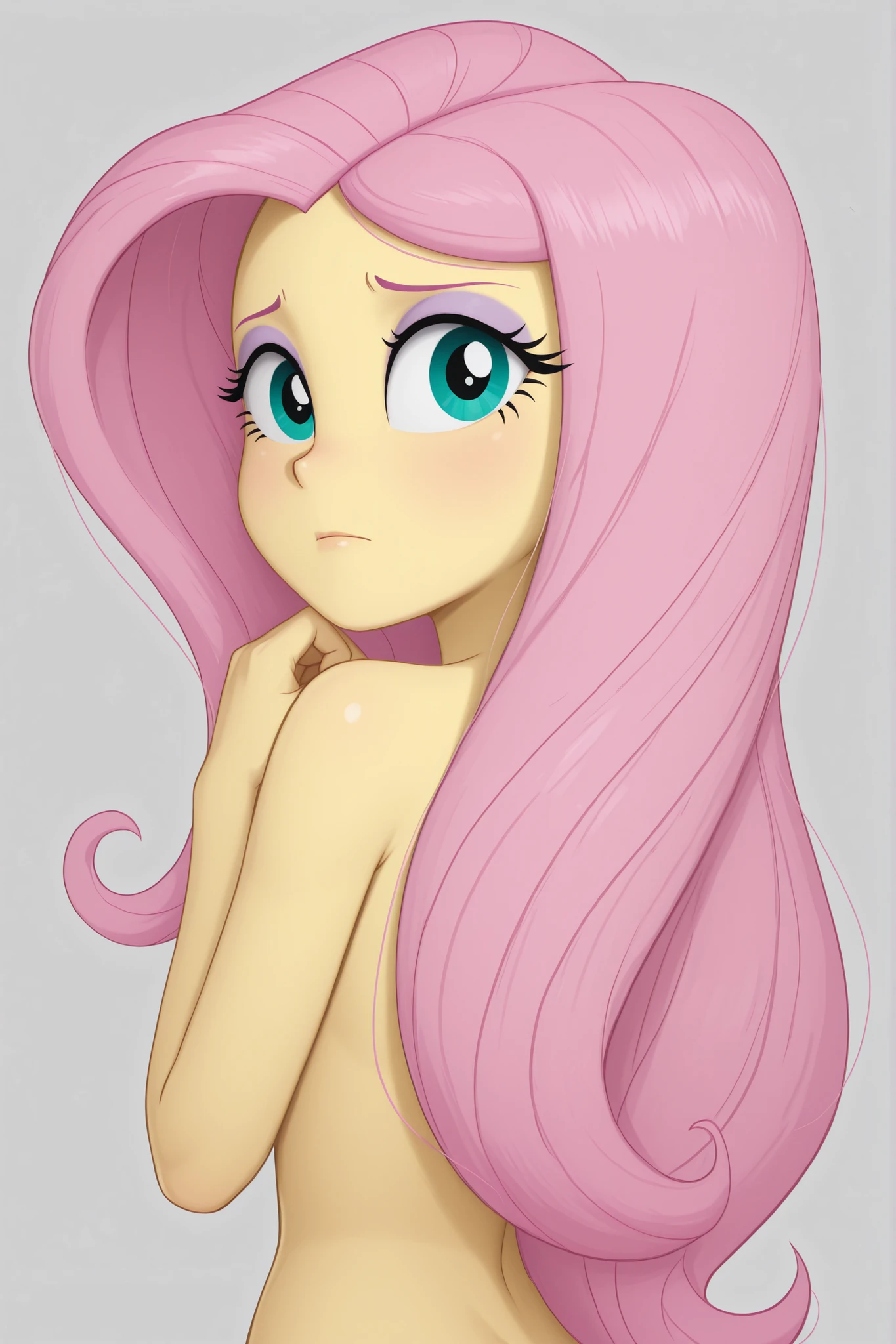 equestria girls, fluttershy, colored skin, yellow skin, long hair, pink hair, teal eyes, eyeshadow, голая. полностью голая. эротика. красивые лучи света. ГОЛАЯ. ХЕНТАЙ . эротика. возбуждение 