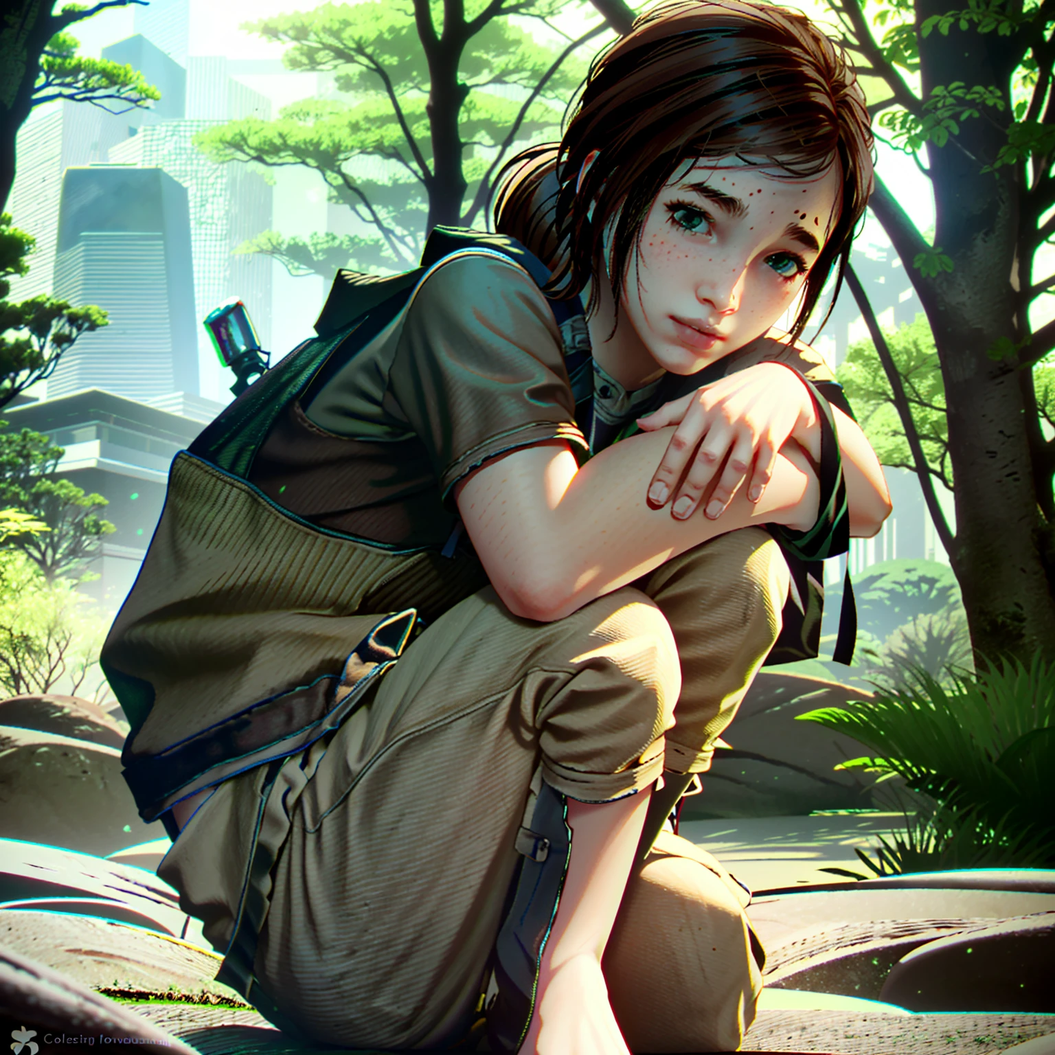 tied up Tomb Raider lying on the grass, Monster peeing on her tits