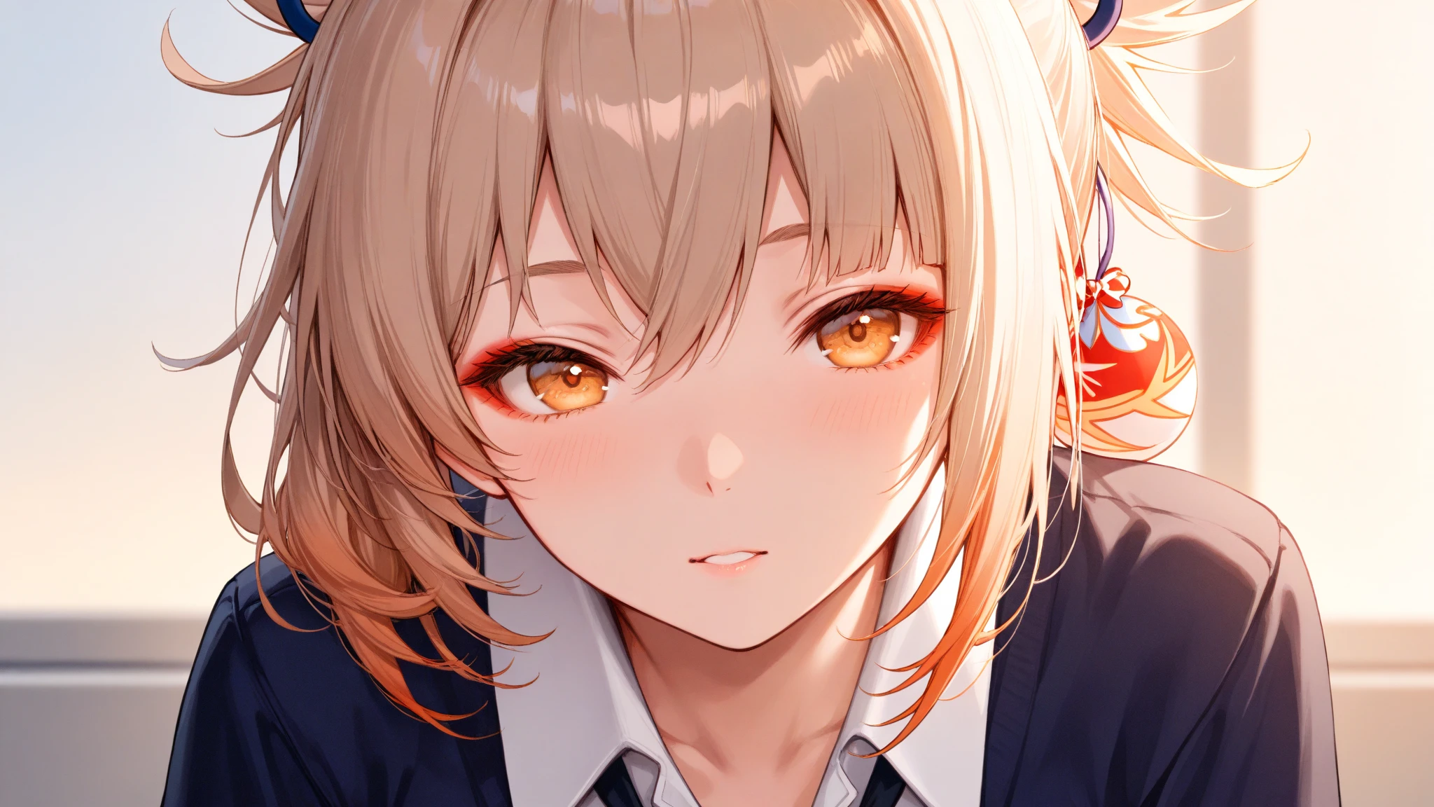 1woman, 30 years old,solo, medium hair,disheveled hair,messy hair,fox ears,blonde hair, yellow eyes, upper body, white shirt, red lipstick, breasts, looking at viewer,  smile, one eye closed, hand on own chin , laboratory, masterpiece, best quality