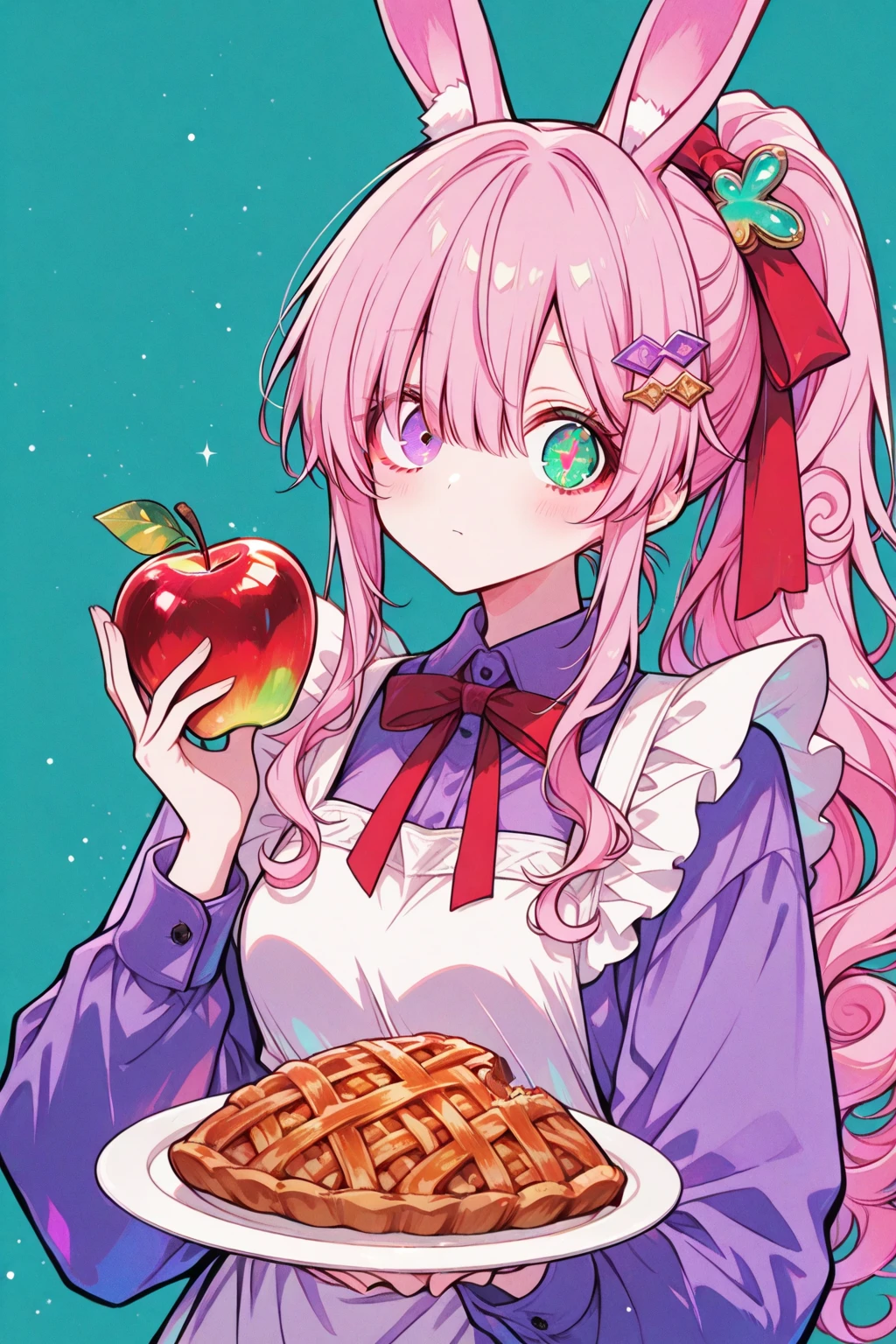 masterpiece, best quality full body, 1female holding an apple, under an apple tree, snake talking beside her, long_ponytail wavy tip pink color hair, hair over one eye, wearing grey blazer, wearing short skirt, detailed beautiful eyes, detailed gorgeous face, perfect , dynamic pose, intricate details, anime,
