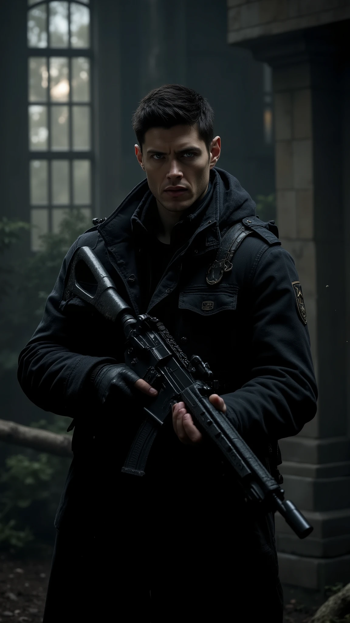 (masterpiece:1.2), (best quality:1.2), 8k, HDR, ultra detailed, ((photorealistic)), professional light, cinematic lighting, fashion photography, ambient lighting, background, a dark modern mansion, Darkness, epiCPhoto, moon light windows, A militar soldier, Young Jensen Ackles face, Black hair, ojos negros, masculino, cuerpo atlético, en uniforme militar táctico negro, casco tactico nocturno, atuendo completo, holding a gun.