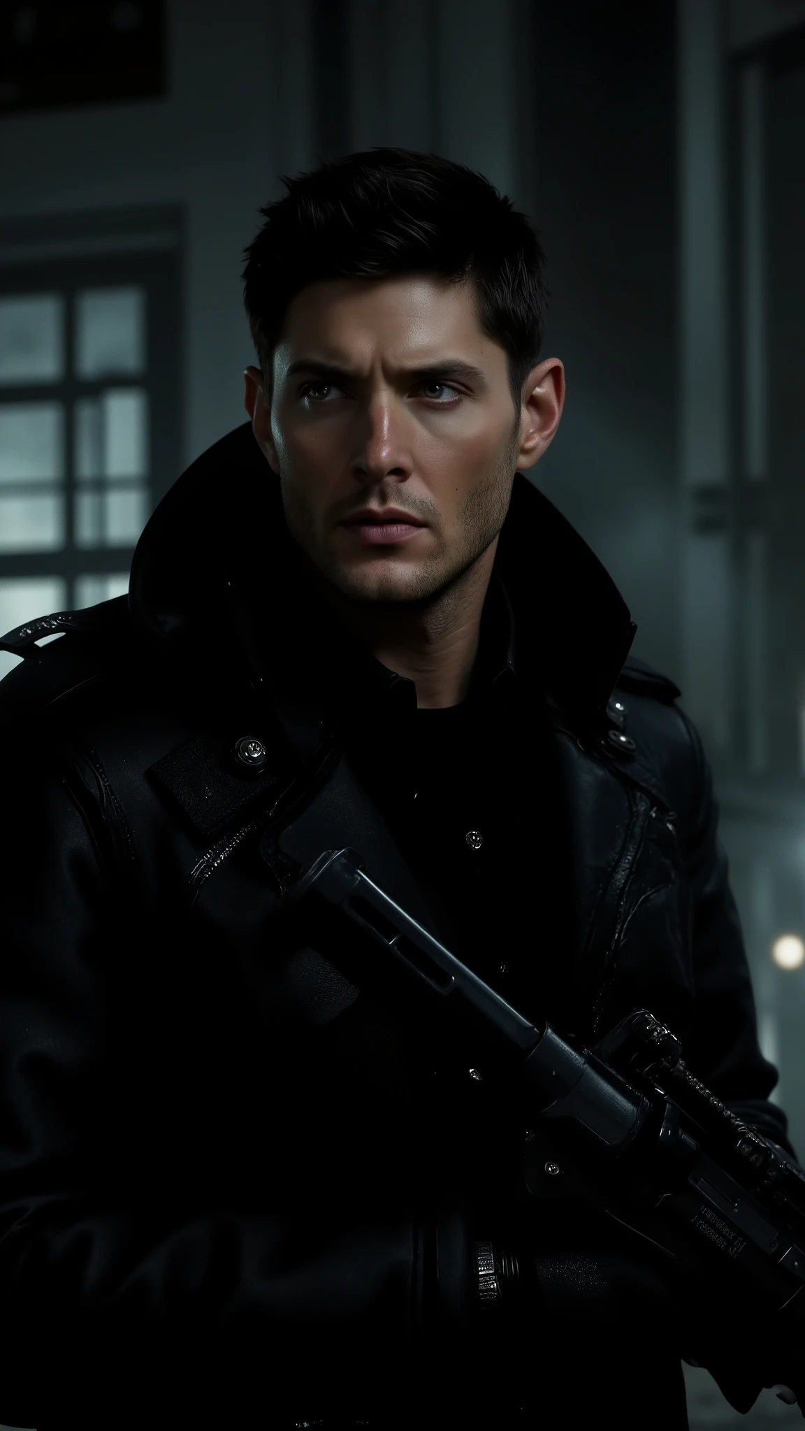 (masterpiece:1.2), (best quality:1.2), 8k, HDR, ultra detailed, ((photorealistic)), professional light, cinematic lighting, fashion photography, ambient lighting, background, a dark modern mansion, Darkness, epiCPhoto, moon light windows,  A militar soldier, Young Jensen Ackles face, Black hair, ojos negros, masculino, cuerpo atlético, en uniforme militar táctico negro, casco tactico nocturno, atuendo completo, holding a gun. 
