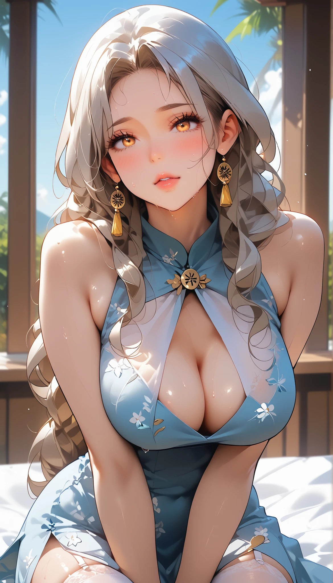 Full shot, on the whole body Standing up and posing, Focus, Raise your legs, Kwon Law Pose, feetfocusILL, feet, soles, toes, mature female, milf, motherly, foot locking, score_9, score_8_consolation, score_7_consolation, score_6_consolation, score_5_consolation, score_4_consolation, Source _animation, Tag 1, Tag 2, Quality_masterpiece, anatomically accurate, girl in the pool, beautiful face, perfect face wearing, 매우 디테일한 beautiful face과 눈, attractive face, detailed face inside a boarding school, delicate facial features, very big boobs, EXTRA BIG ROUND BODY, Deep Bust, round and pretty breasts, fair white skin, shiny white skin, Soft skin without wrinkles, sensual woman, mature woman, Milf, slim body, glamour, rolled her eyeballs like her mother, Beautiful Woman Wearing Sexy Qipao, puzzled, shy, Super High Quality, opens her mouth, warm, sweating, sweat, sweat을 흘렸다, STEAM BREAK rating _Explicit, bent over, Very Long Hair , silver hair, gold eye, White Gold Qipao, White Accessories, white garter belt, white stockings, white choker , Gold Accessories, In the forest, vacant area, Shy beauty, Sexually excited expression